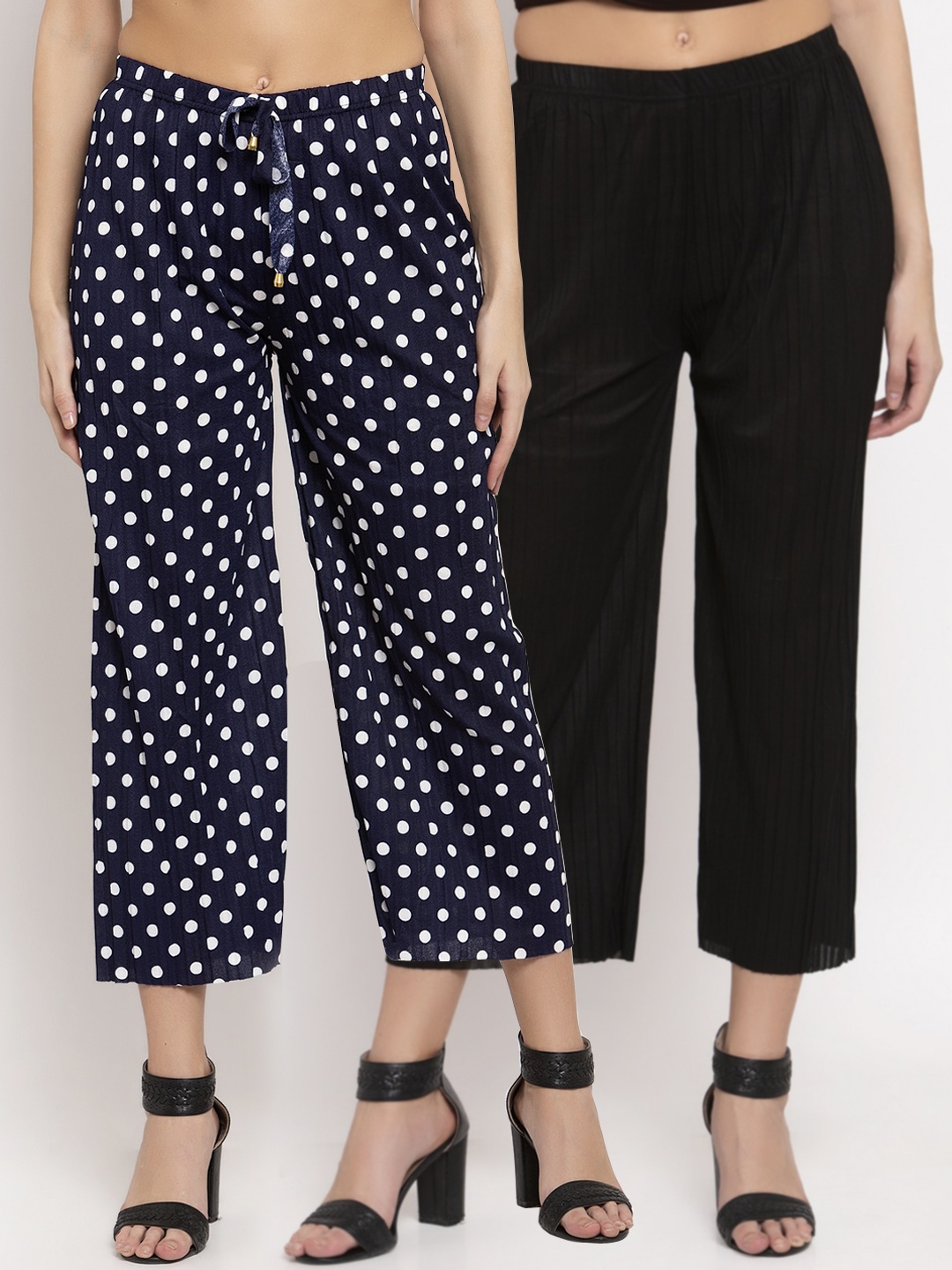 

KLOTTHE Women Pack of 2 Black & Navy Blue Solid Wide Leg Palazzos
