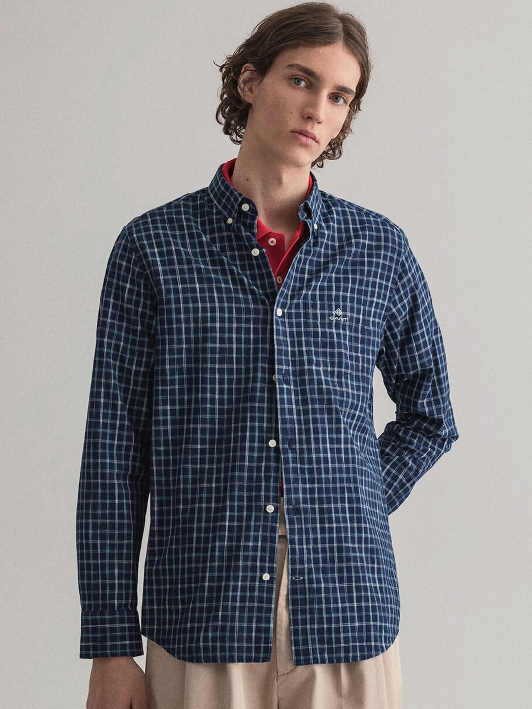 GANT Men Blue Regular Fit Checked Casual Shirt