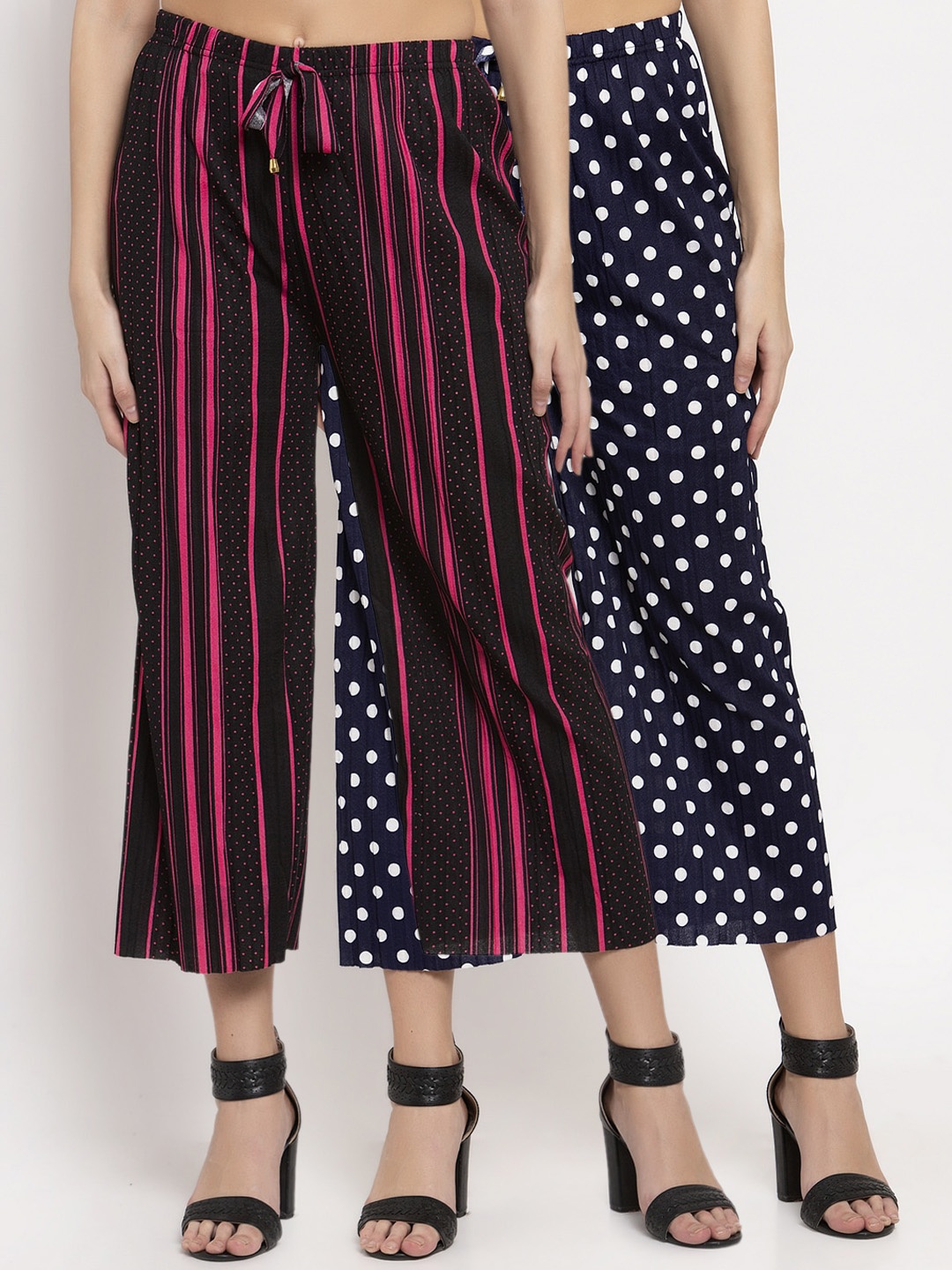 

KLOTTHE Women Pink & Navy Blue Striped Wide Leg Palazzos