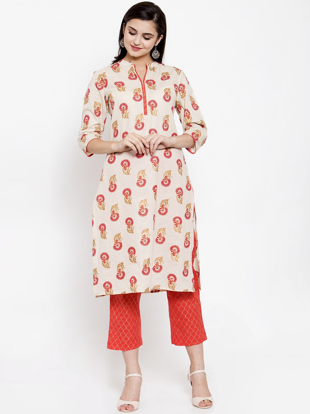 

The Kurta Express Women Off-White & Coral Orange Printed Kurta with Trousers