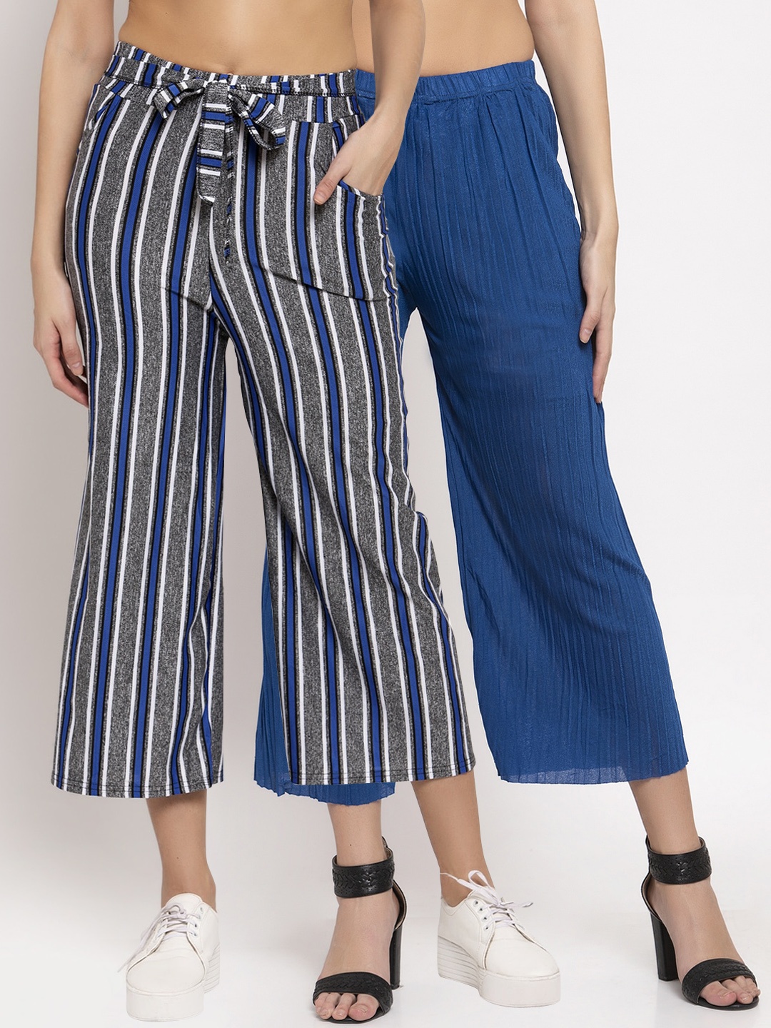 

KLOTTHE Women Pack Of 2 Printed Wide Leg Palazzos, Blue