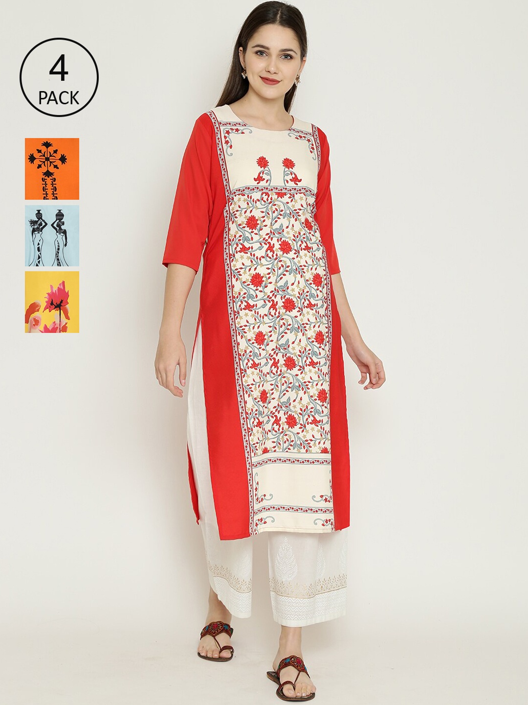 

7Threads Multicoloured Pack of 4 Floral Printed Crepe Kurta, Multi