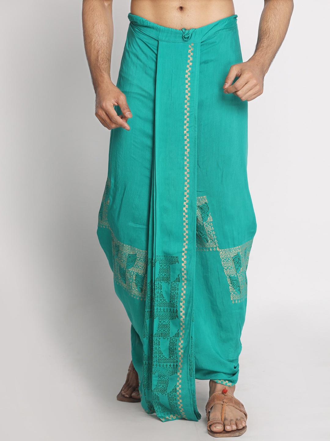 

Nakshi Men Turquoise Blue & Gold-Coloured Hand Block Printed Stitched Dhoti
