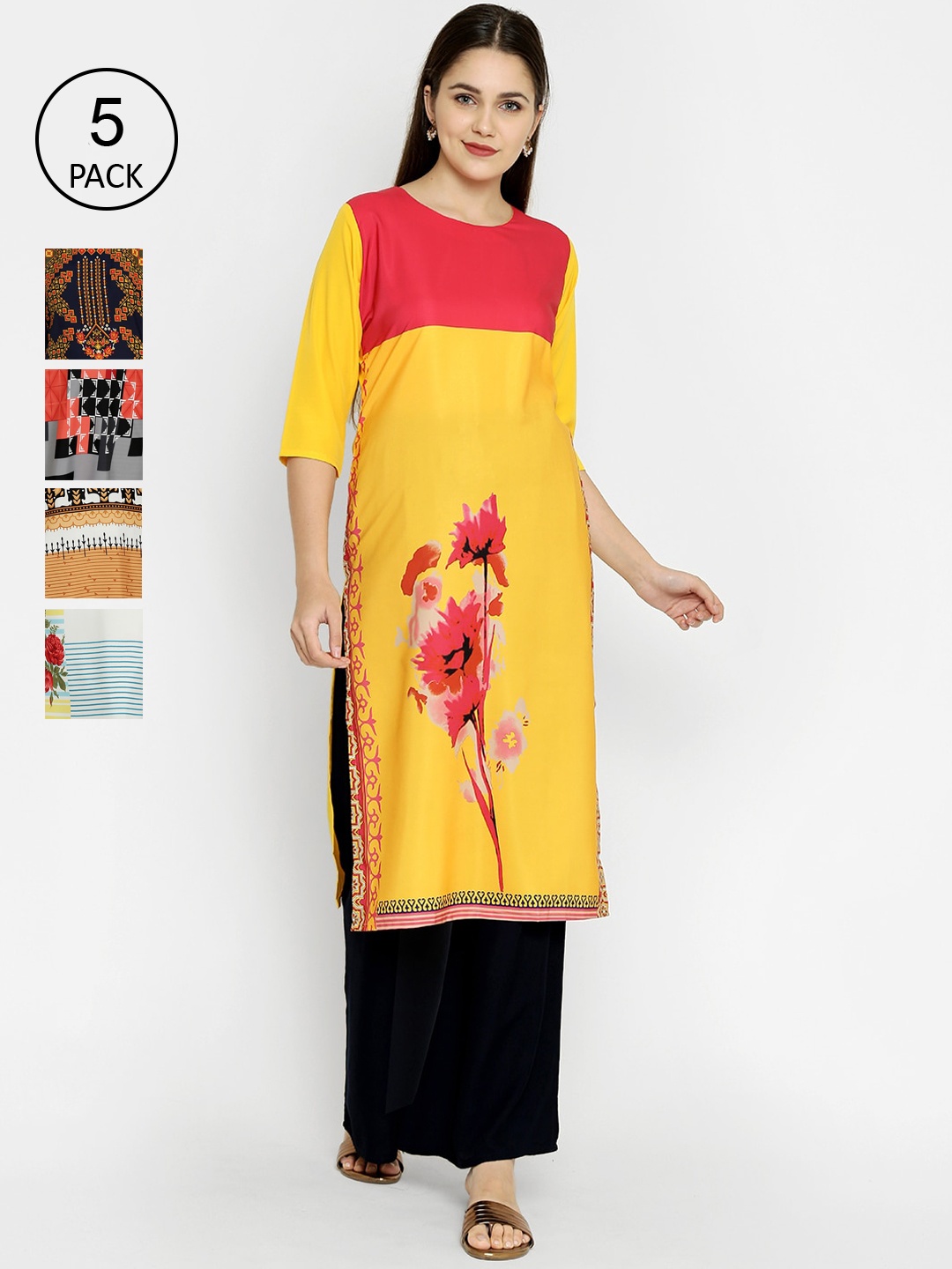 

7Threads Women Multicoloured Colourblocked Crepe Kurta Pack of 5, Multi