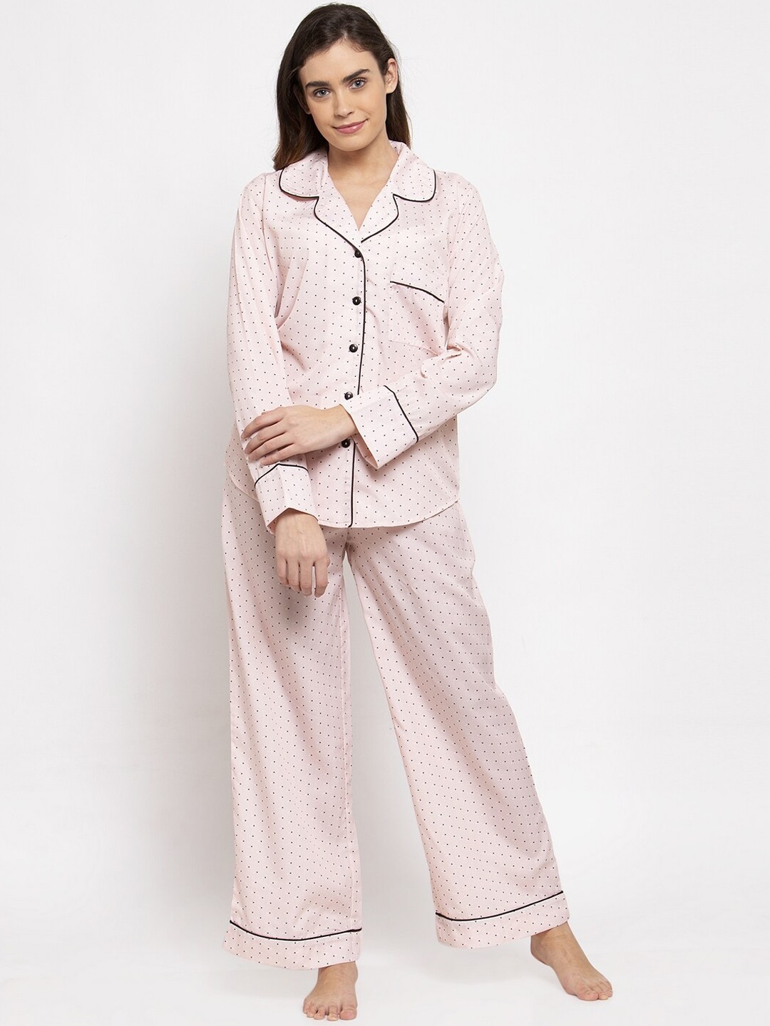 

DOOR74 Women Pink & Black Printed Night Suit