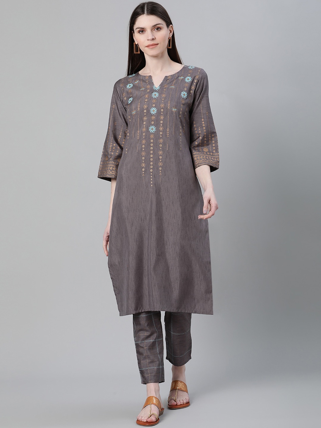 

ZIYAA Grey Ethnic Motifs Foil Printed Kurta