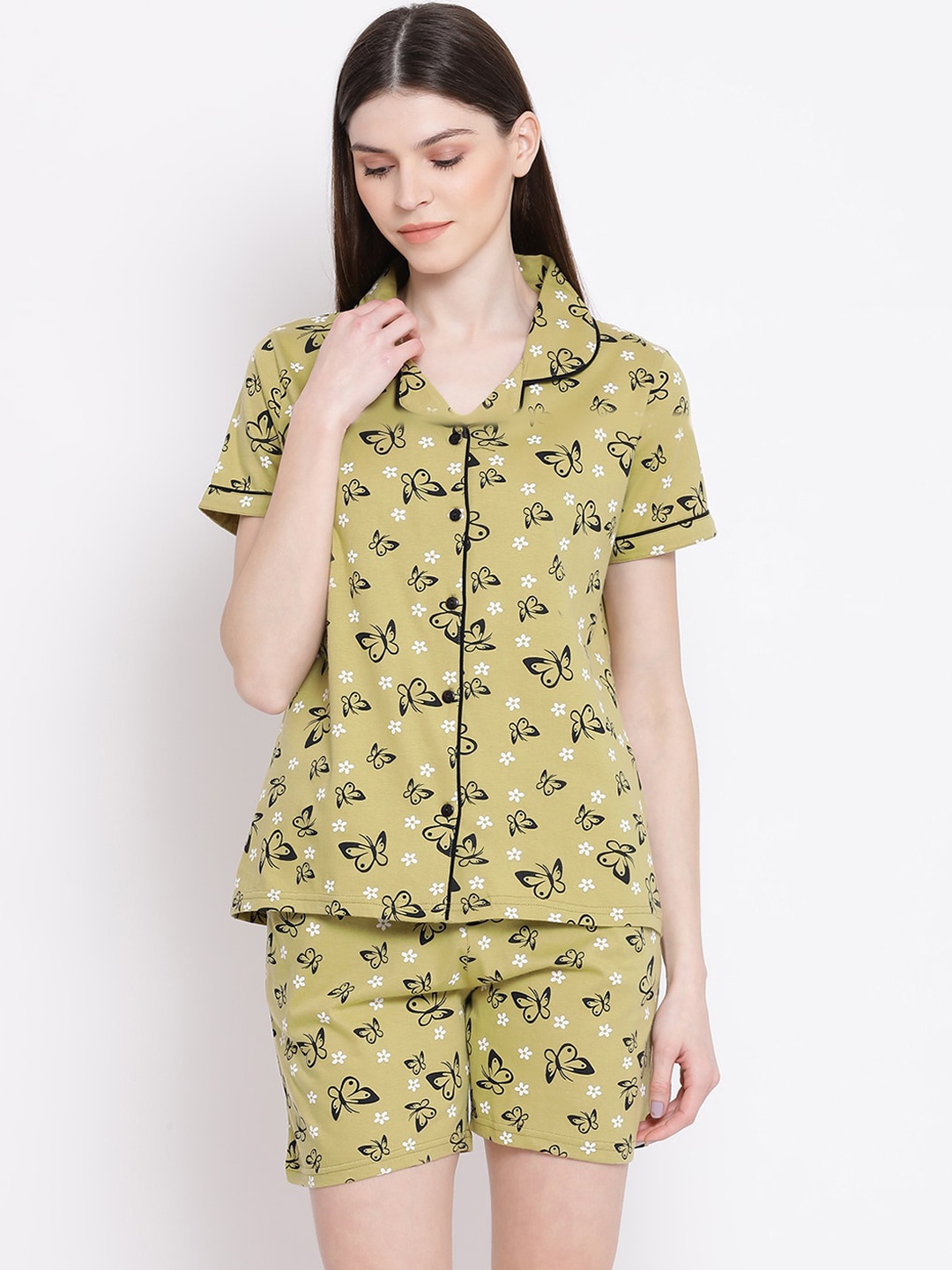 

Kanvin Women Khaki & Black Printed Night suit