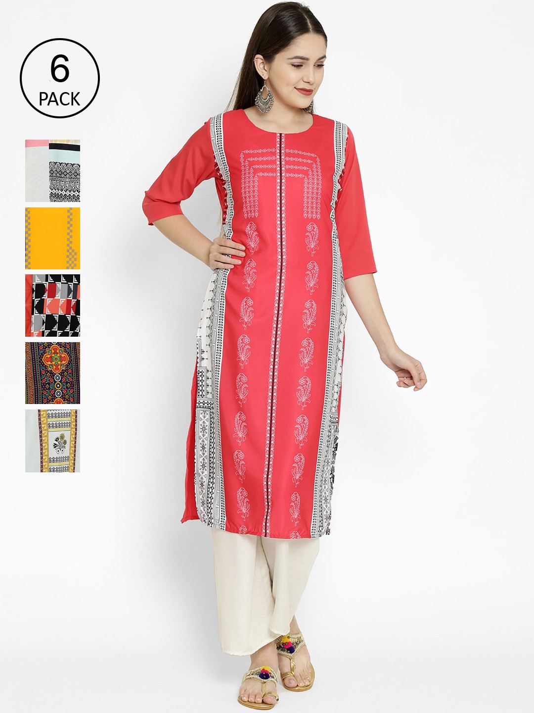 

7Threads Women Multicoloured Ethnic Motifs Printed Crepe Kurta Pack of 6, Multi