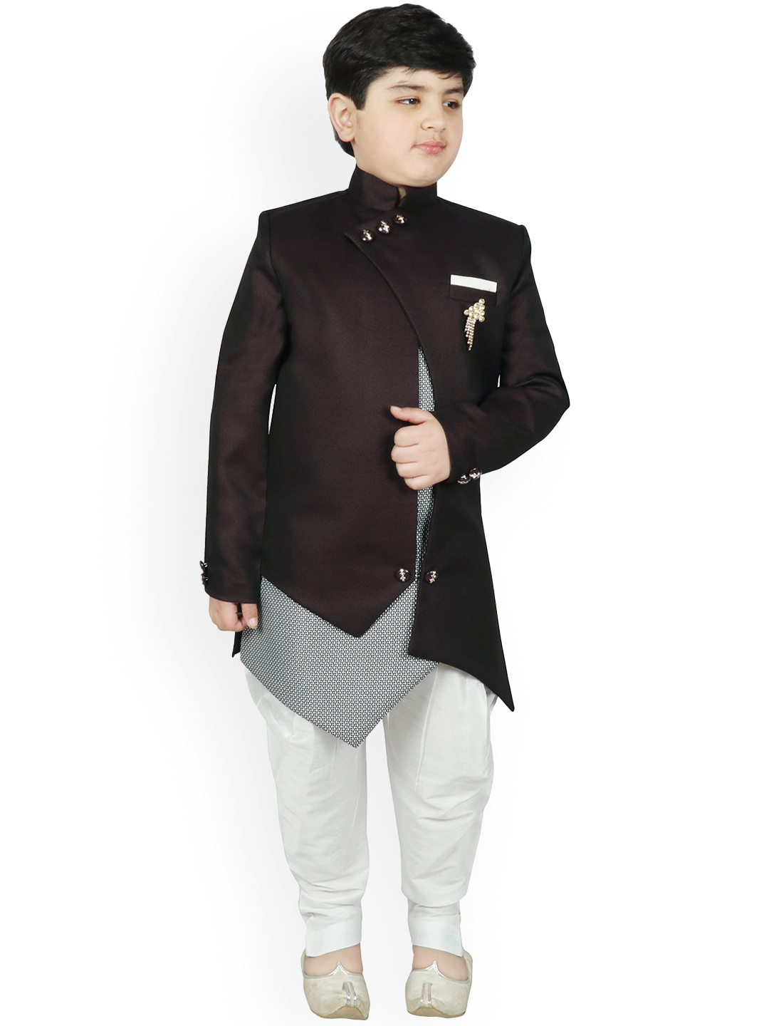 

SG YUVRAJ Coffee Brown & White Solid Raw Silk Sherwani
