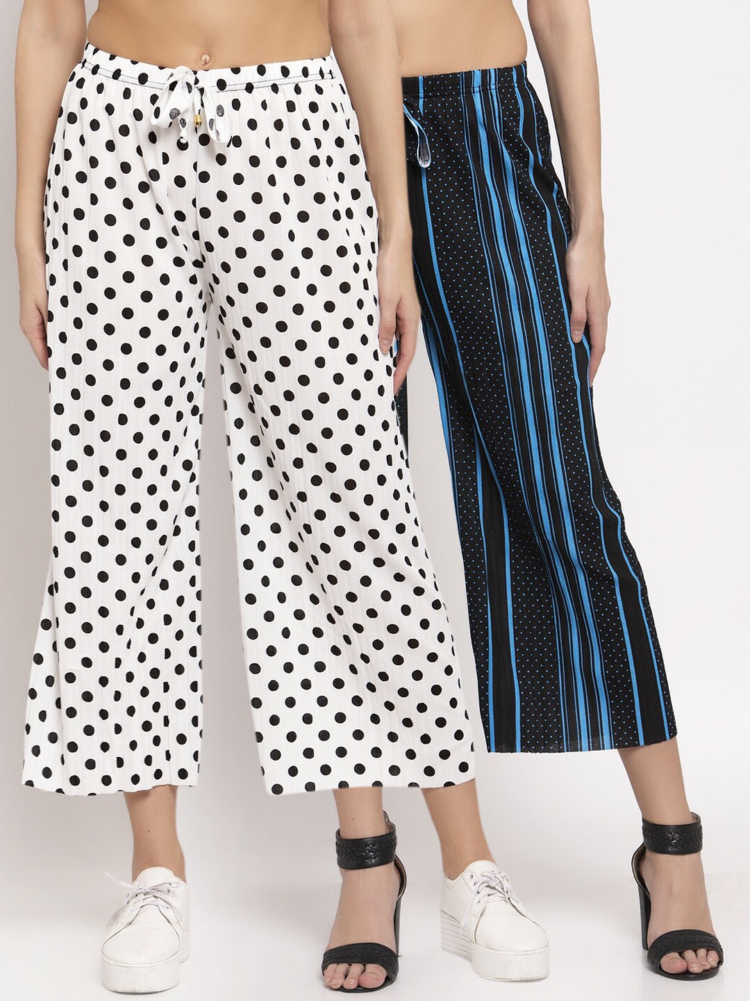

KLOTTHE Women Pack of 2 White & Turquoise Blue Striped Wide Leg Palazzos