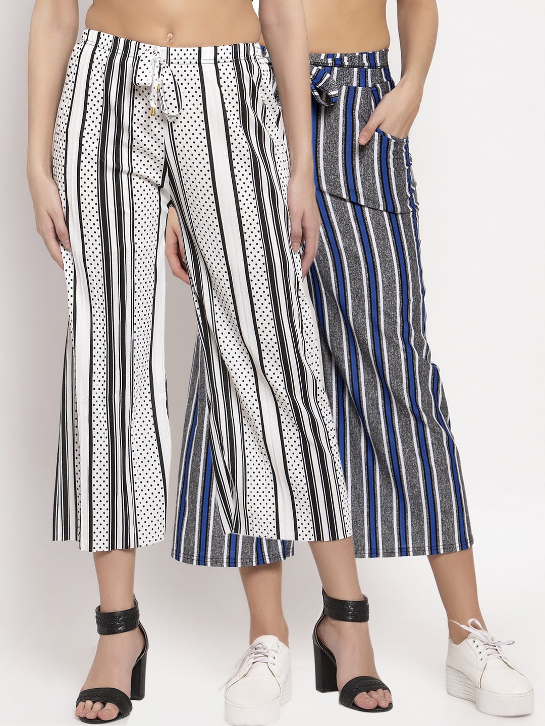 

KLOTTHE Women Pack Of 2 Striped Wide Leg Palazzos, White