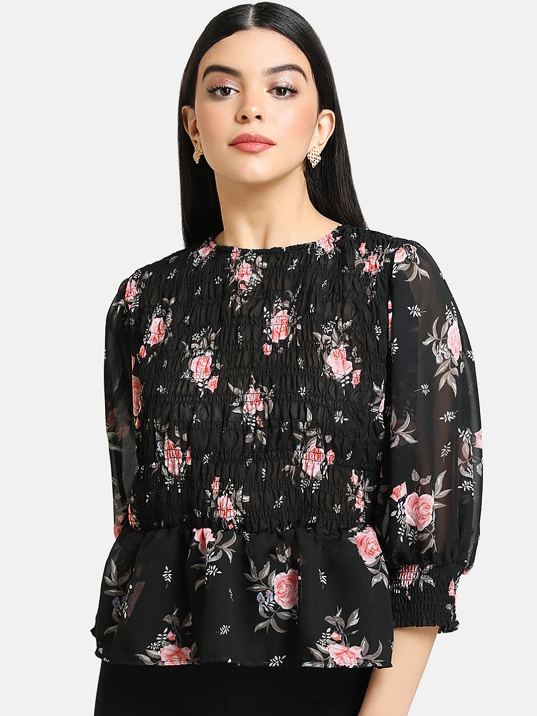 

Kazo Black Floral Printed Puff Sleeves Peplum Top