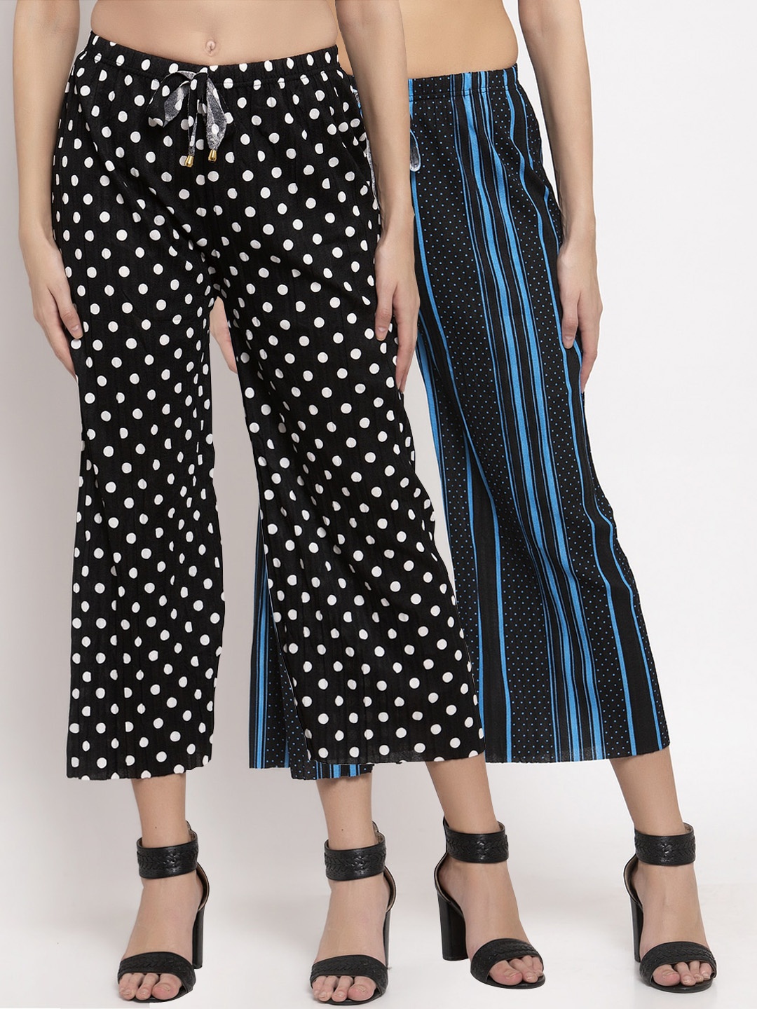 

KLOTTHE Women Pack of 2 White & Turquoise Blue Striped Wide Leg Palazzos