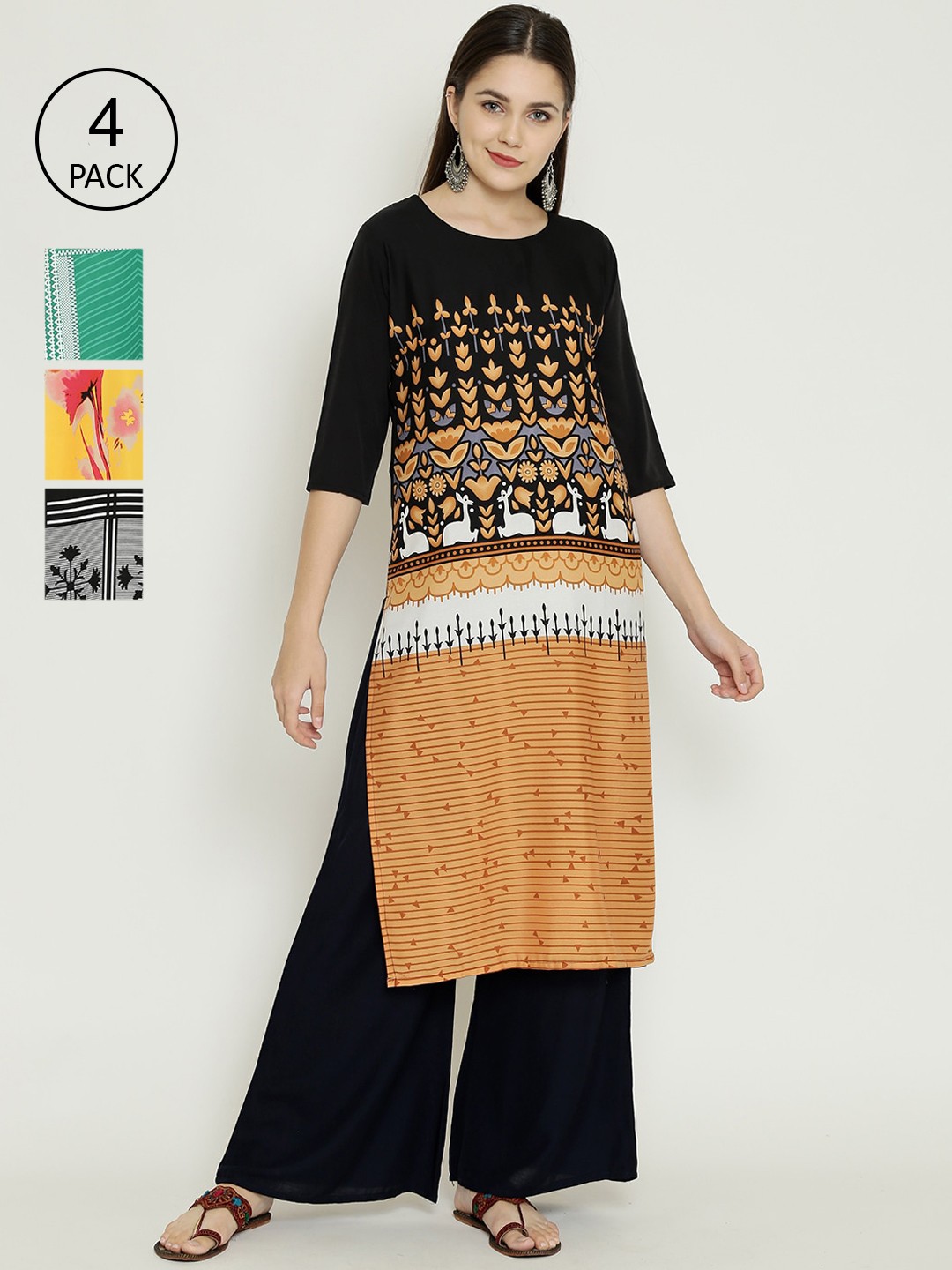 

7Threads Multicoloured Pack of 4 Geometric Printed Crepe Kurta, Multi