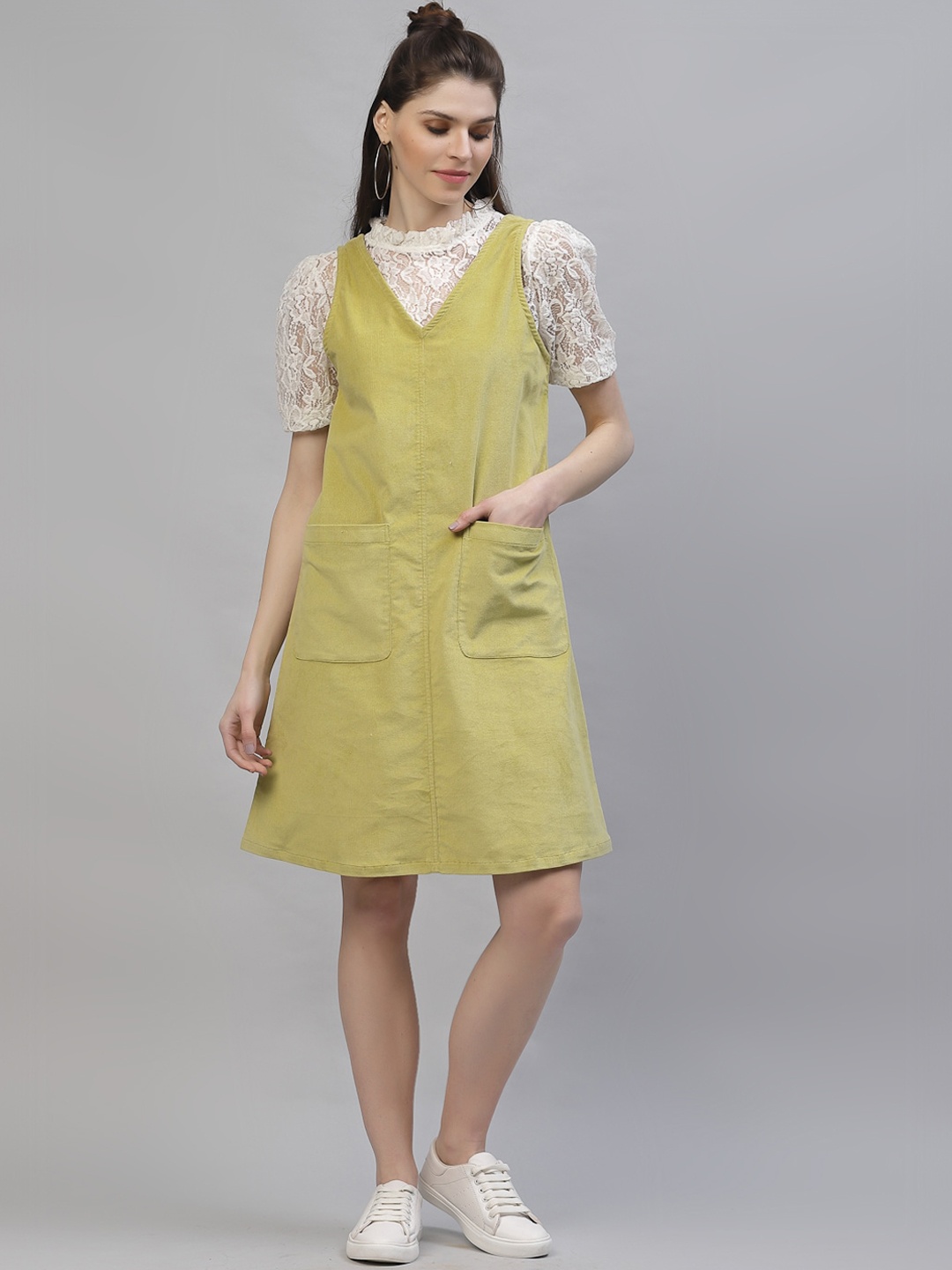Athena Women Green Solid Pinafore Dress