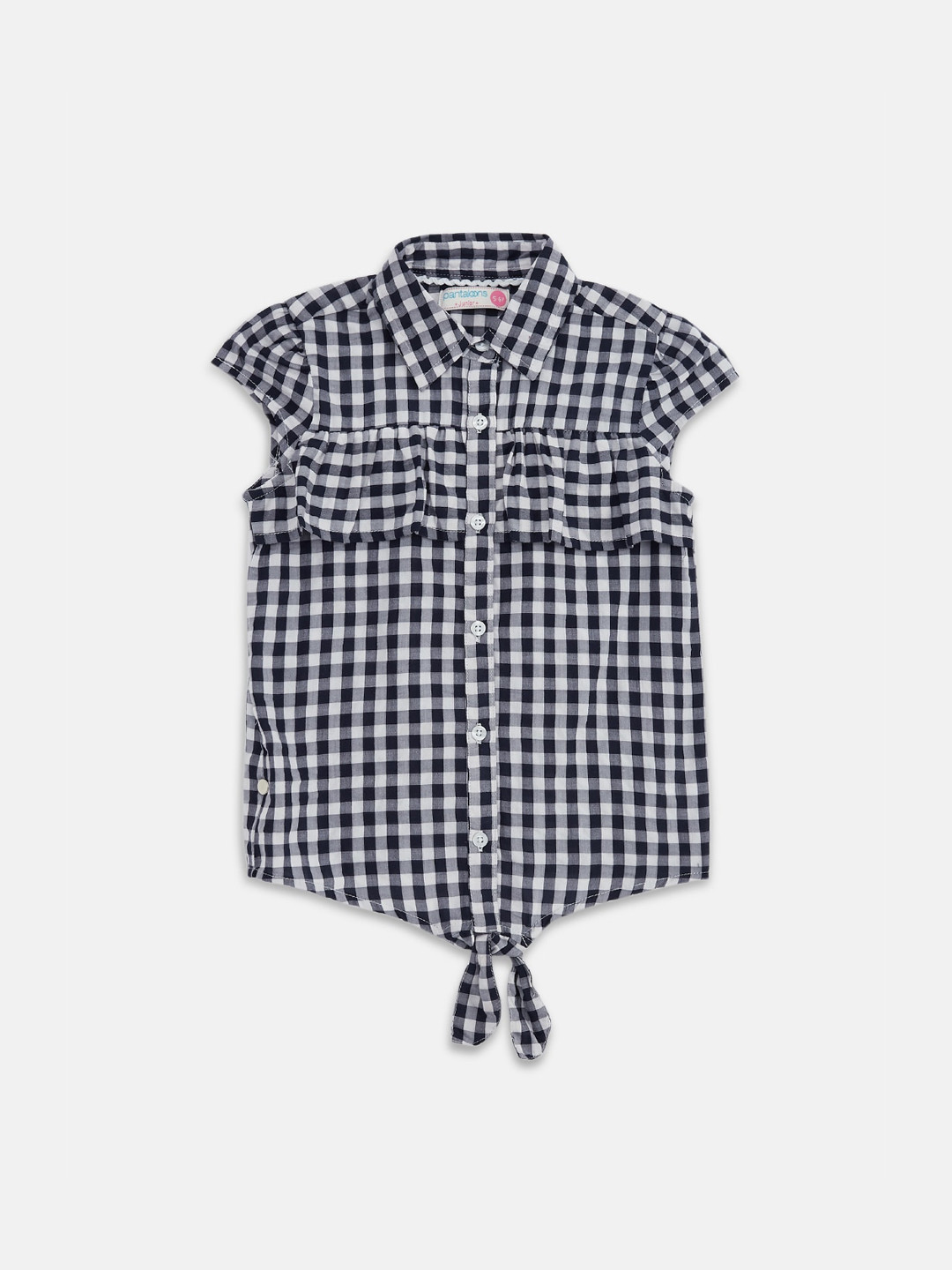 

Pantaloons Junior Girls Navy Blue Checked Mandarin Collar Shirt Style Top