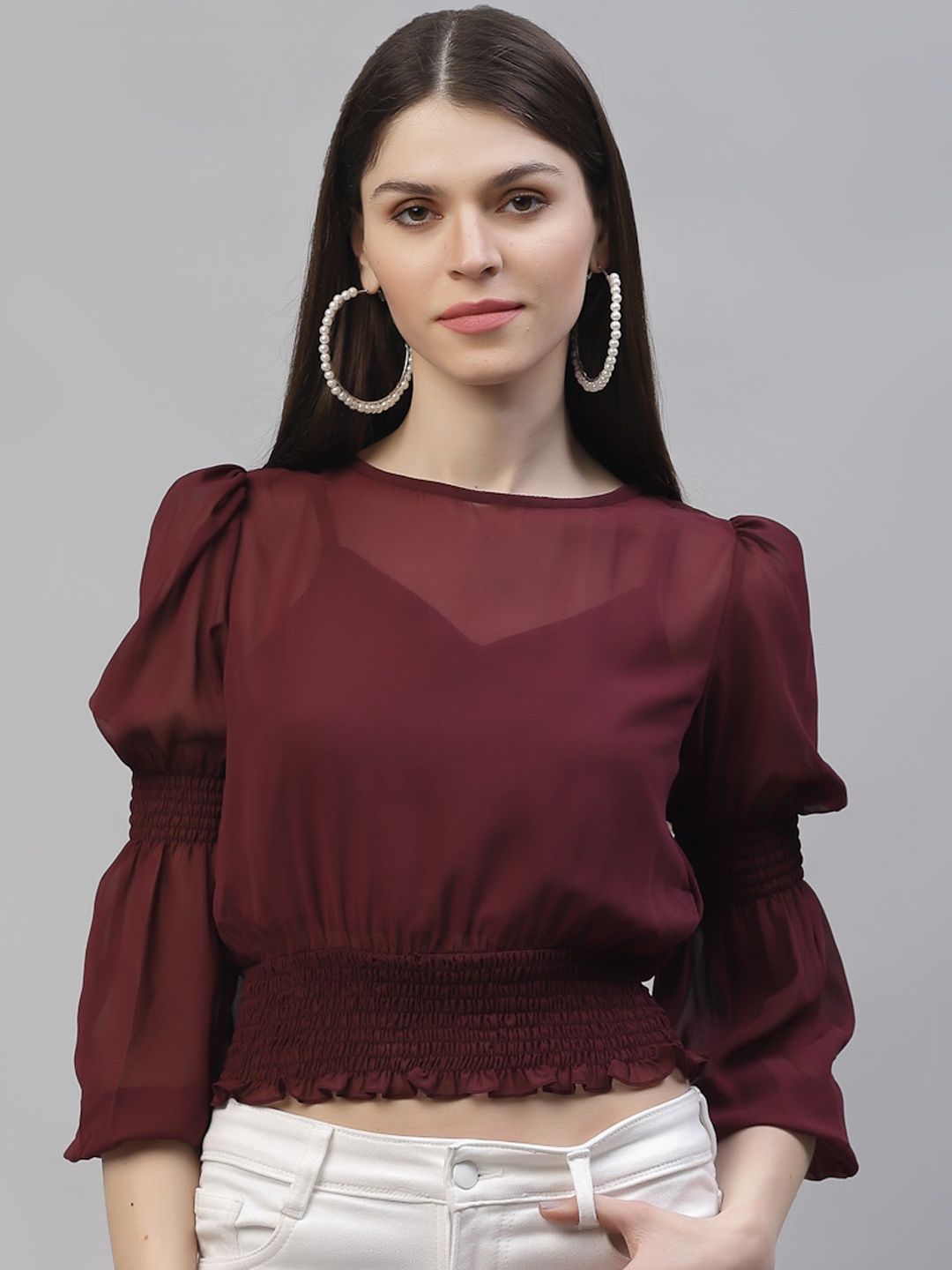 

Athena Burgundy Puff Sleeves Georgette Blouson Top