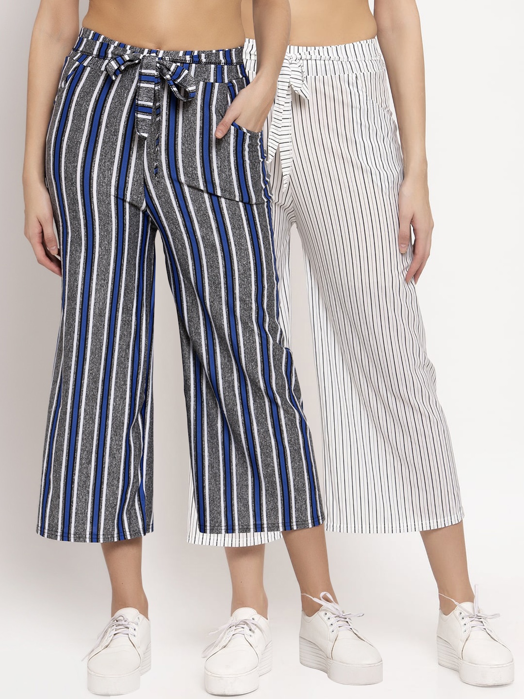

KLOTTHE Women Blue Set of 2 Striped Flared Palazzos