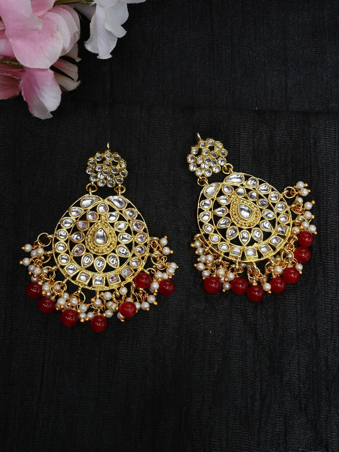 

Shining Diva Red & Gold-Plated Handcrafted Kundan Classic Chandbalis