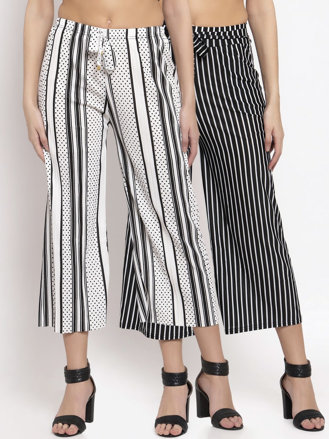 

KLOTTHE Women Pack Of 2 Black & White Striped Wide Leg Palazzos