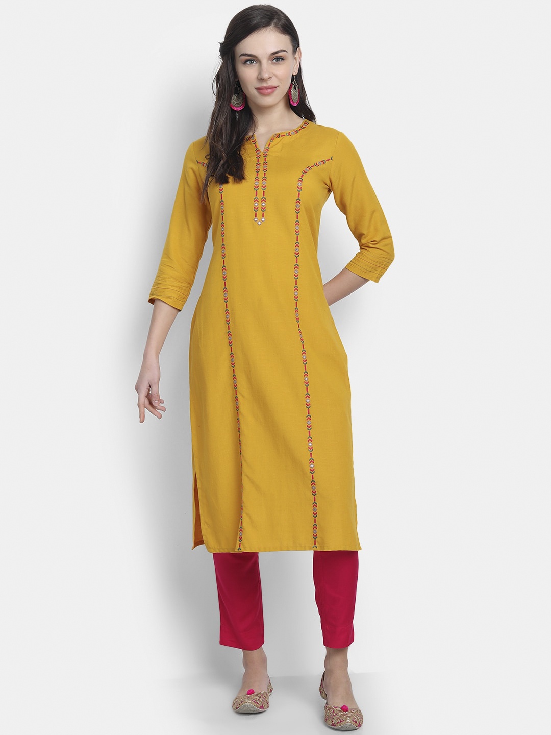 

fabGLOBAL Mustard Yellow Geometric Embroidered Handloom Kurta