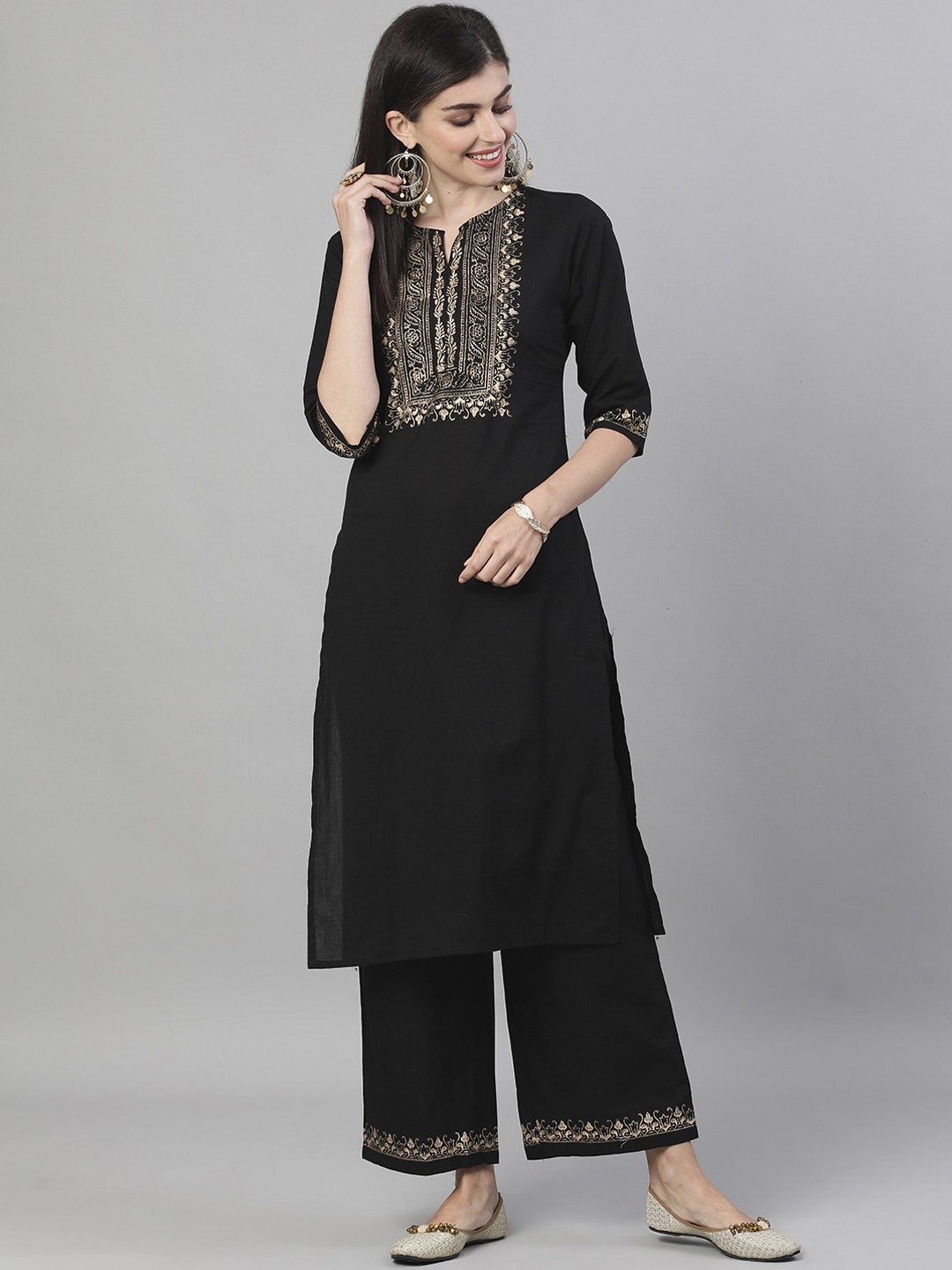 

Nayo Women Black & Gold-Toned Yoke Design Kurta with Palazzos