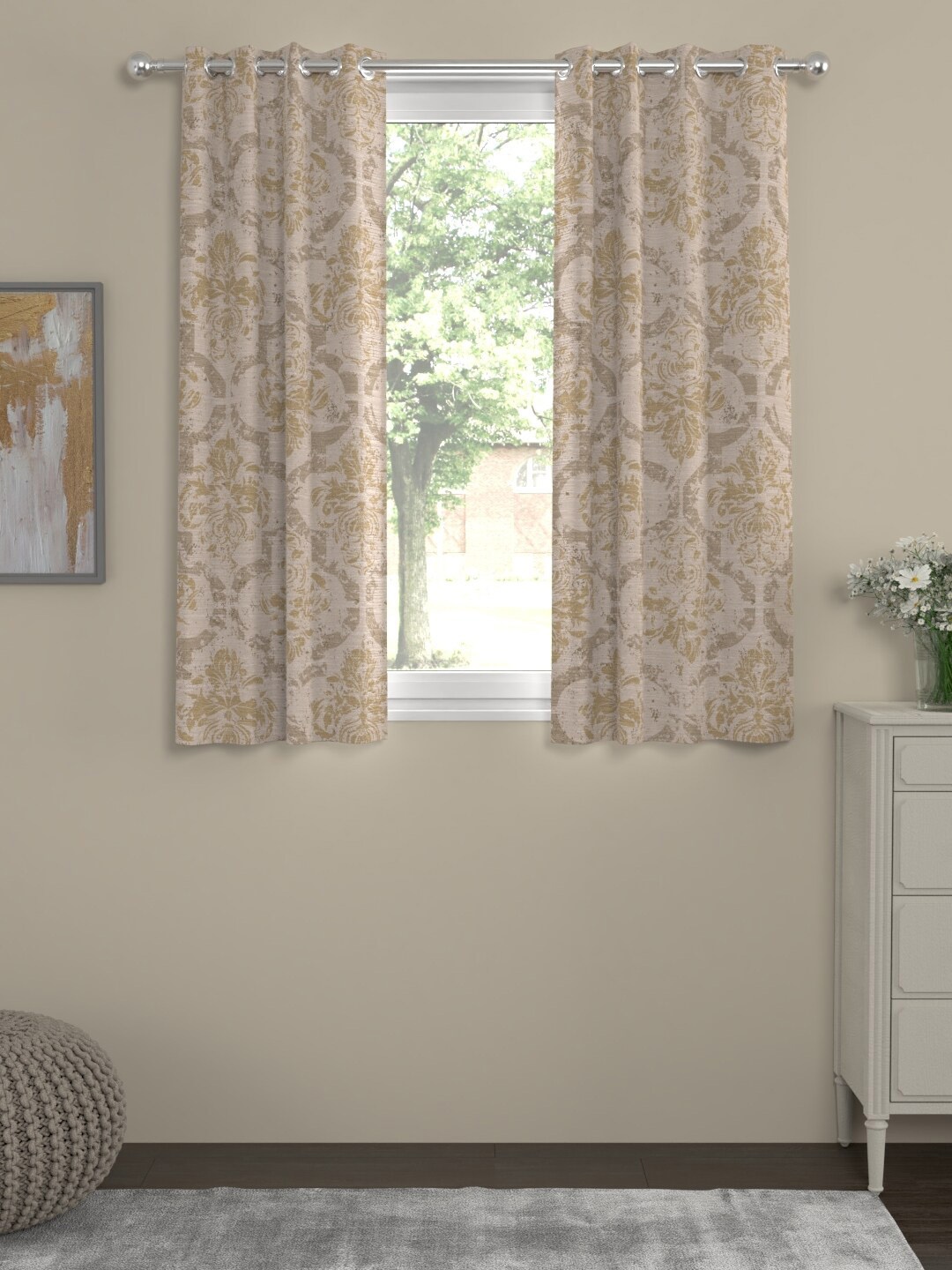 

ROSARA HOME Set of 2 Beige & Taupe Ethnic Motifs Window Curtains