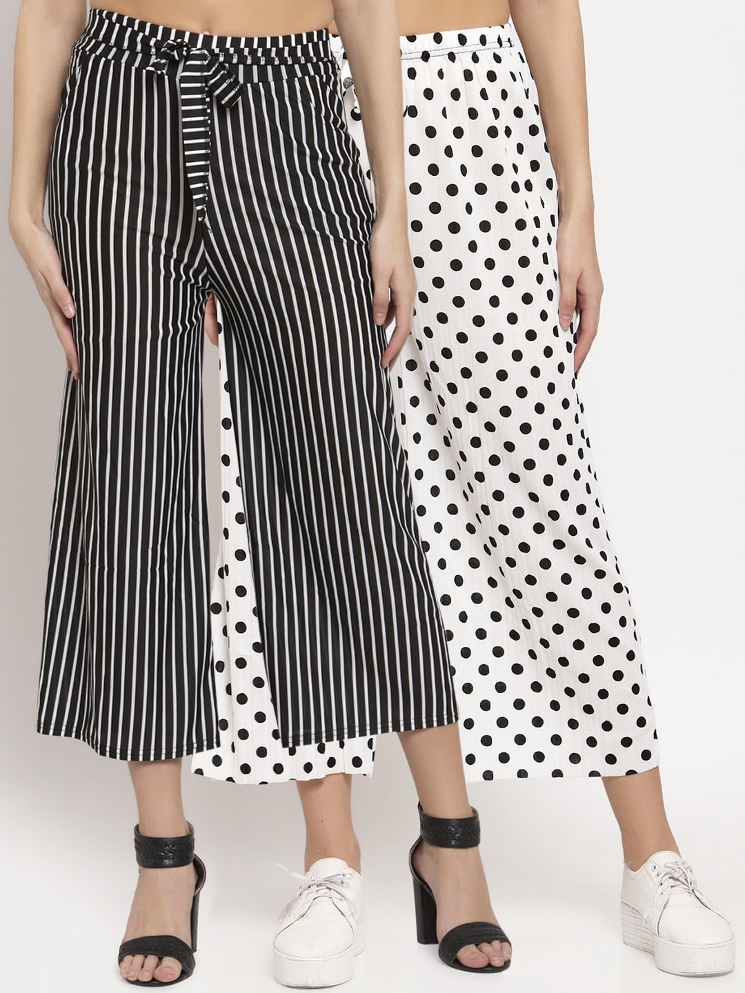 

KLOTTHE Women Pack of 2 White & Black Printed Wide Leg Palazzos