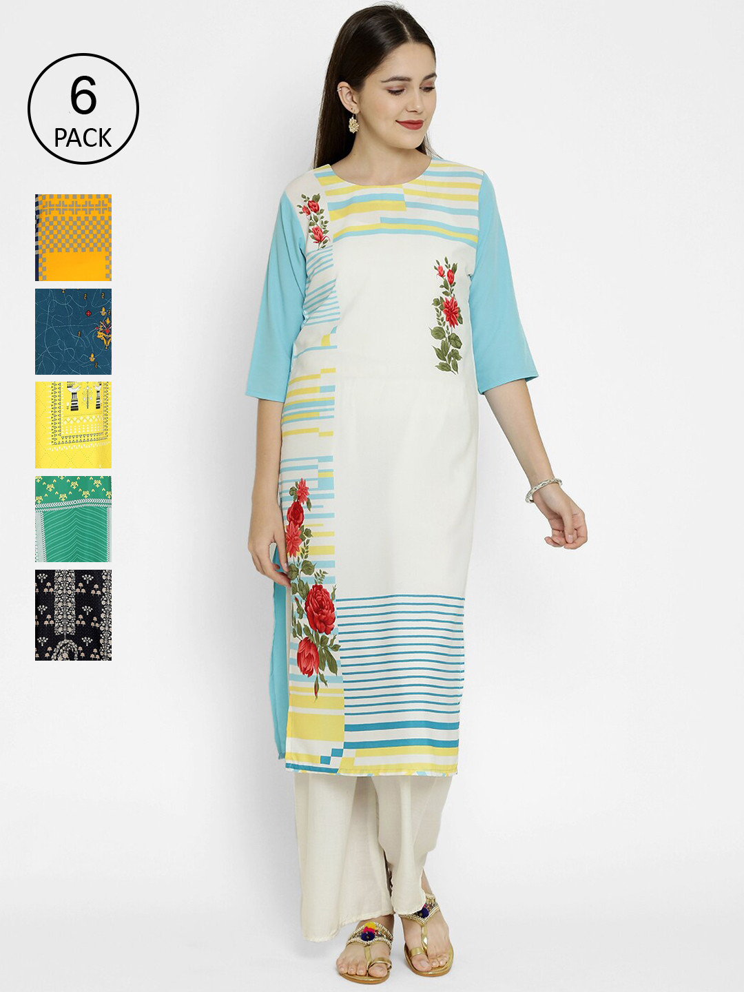 

7Threads Women Pack Of 6 Multicoloured Floral Printed Crepe Kurtas, Multi