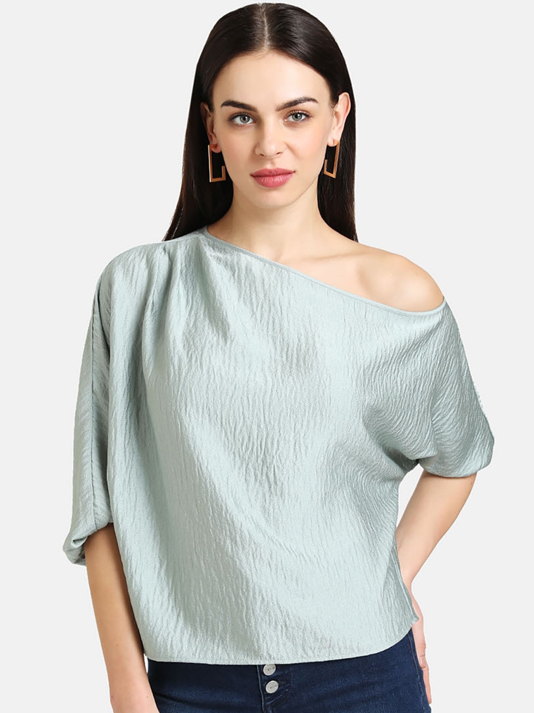 

Kazo Women Green Self Design One Shoulder Top