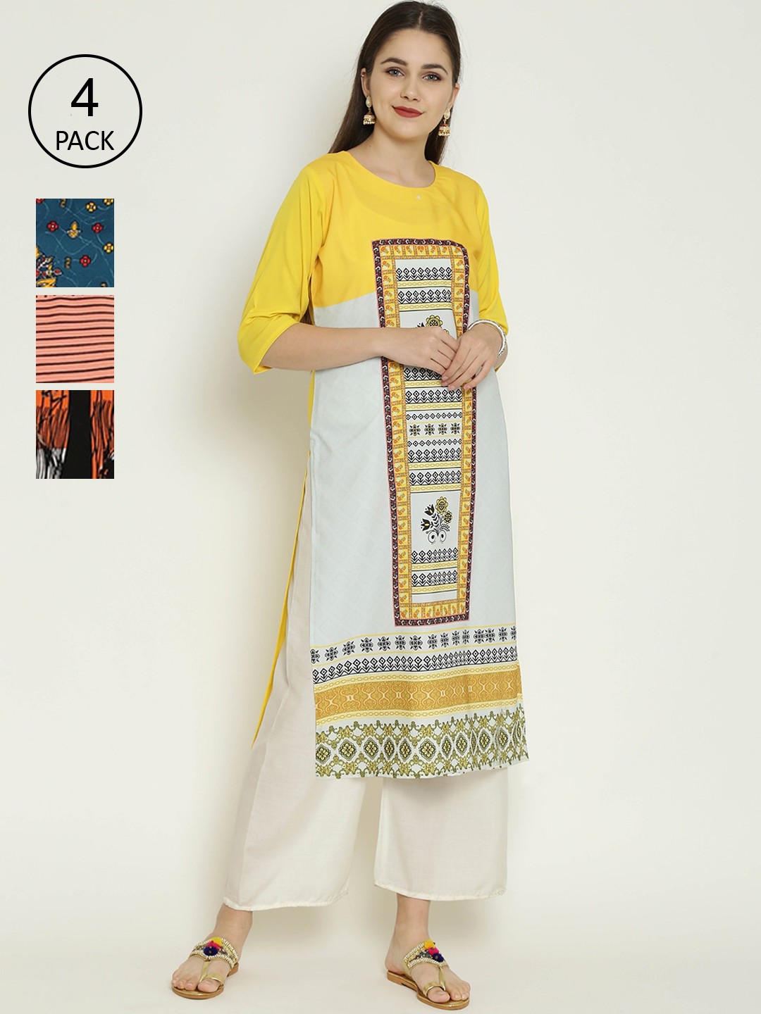 

7Threads Multicoloured Pack of 4 Geometric Printed Crepe Kurta, Multi