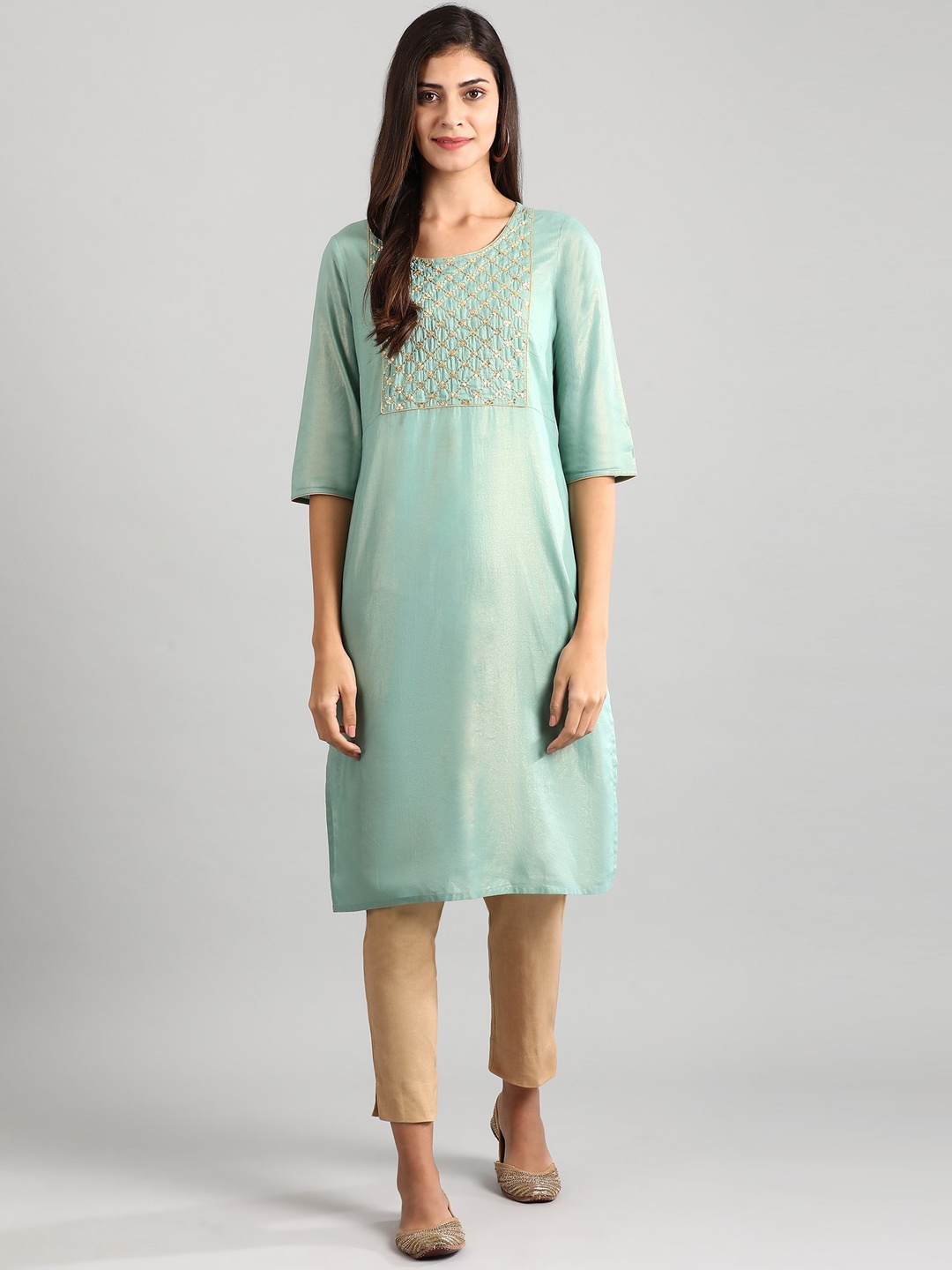 

AURELIA Pastel Blue & Gold Geometric Yoke Design Sequins Kurta