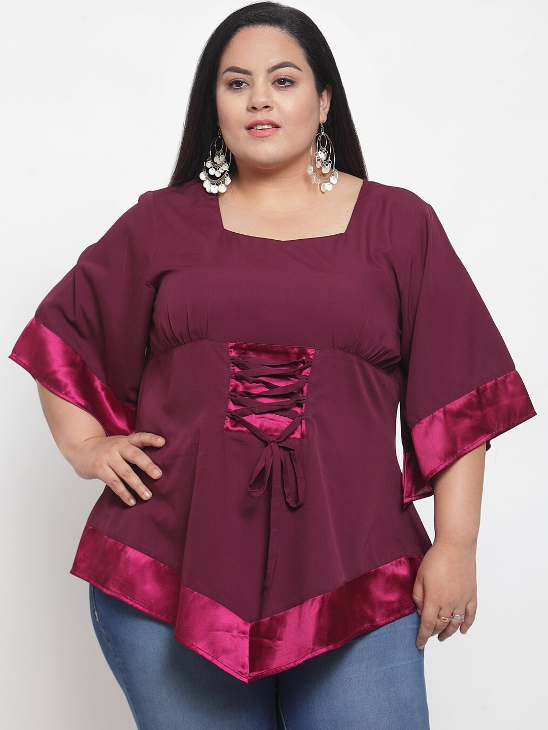 

Flambeur Maroon Flared Sleeves Crepe Empire Top