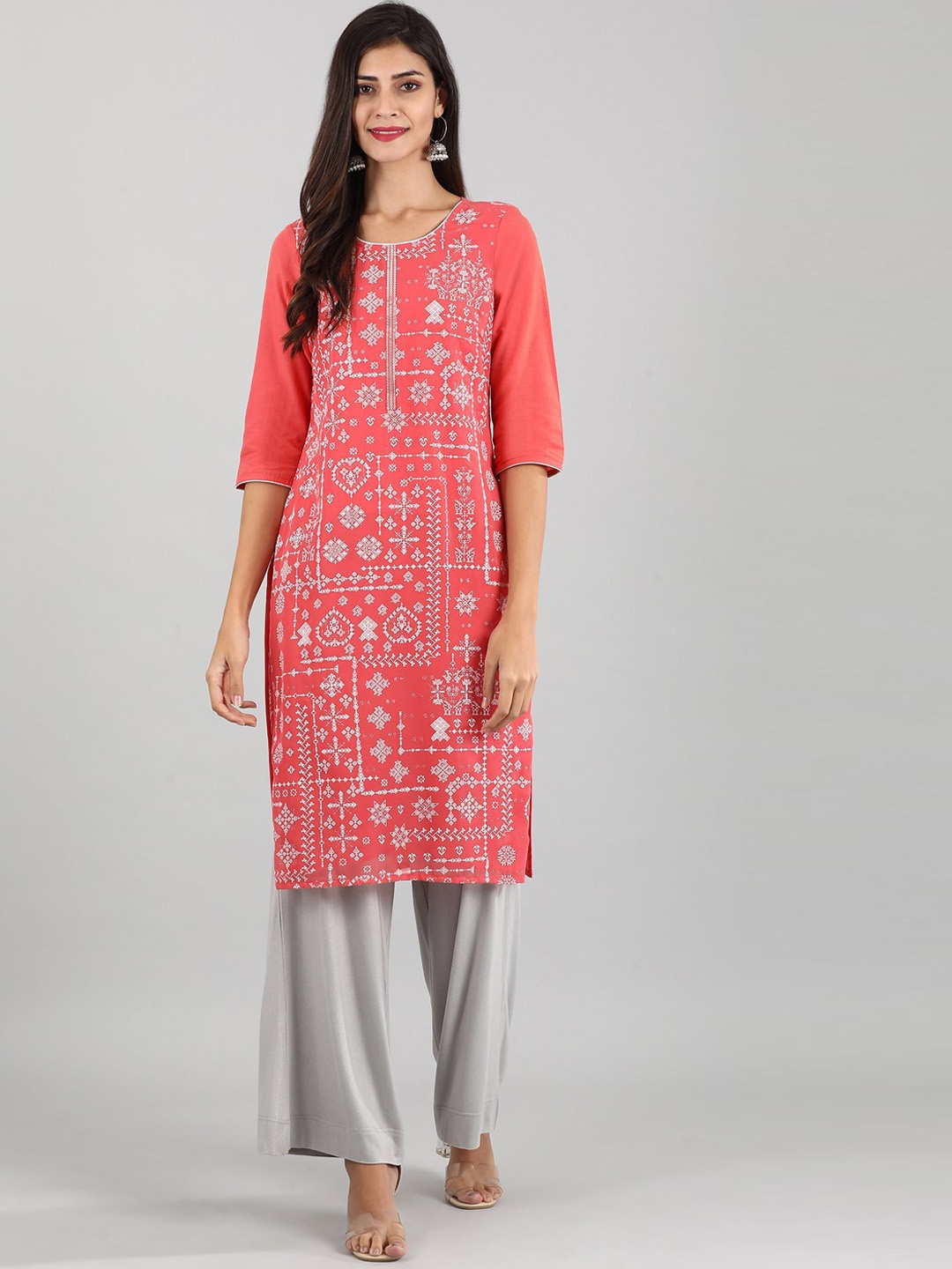 

AURELIA Pink & White Geometric Printed Kurta