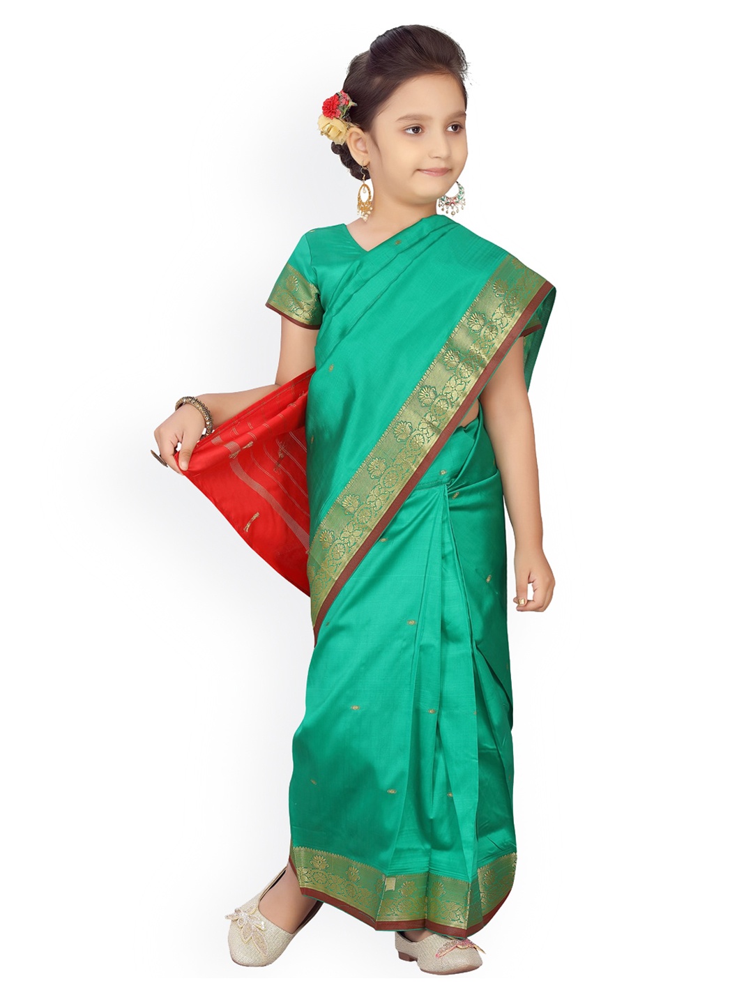 Aarika Green & Gold-Toned Pure Silk Solid Ready To Wear Kanjeevaram Saree