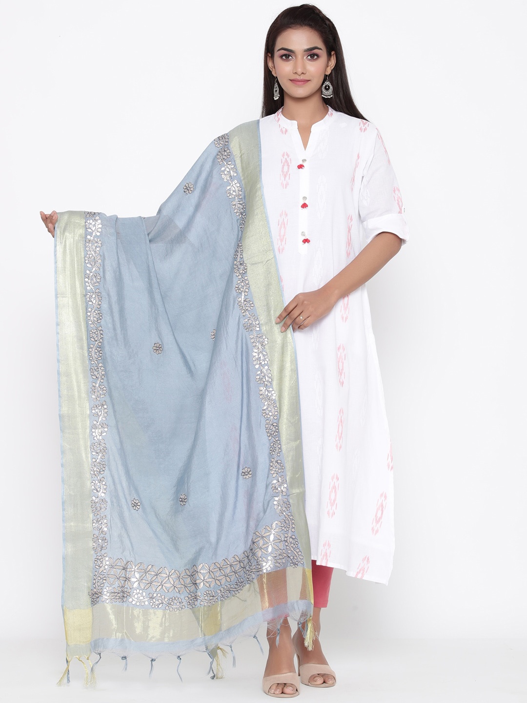 

SOUNDARYA Grey & Gold-Toned Embroidered Dupatta