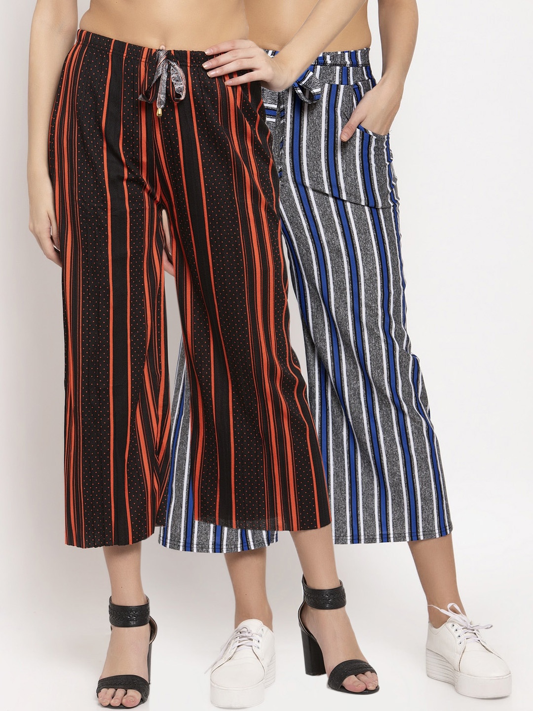 

KLOTTHE Women Pack of 2 Striped Wide Leg Cropped Palazzos, Grey