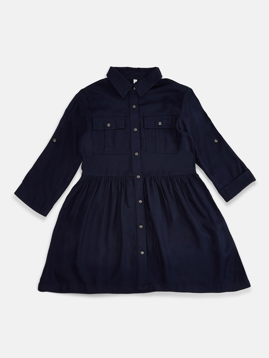 

Pantaloons Junior Girls Navy Blue Mandarin Collar Roll-Up Sleeves Indigo Shirt Style Top