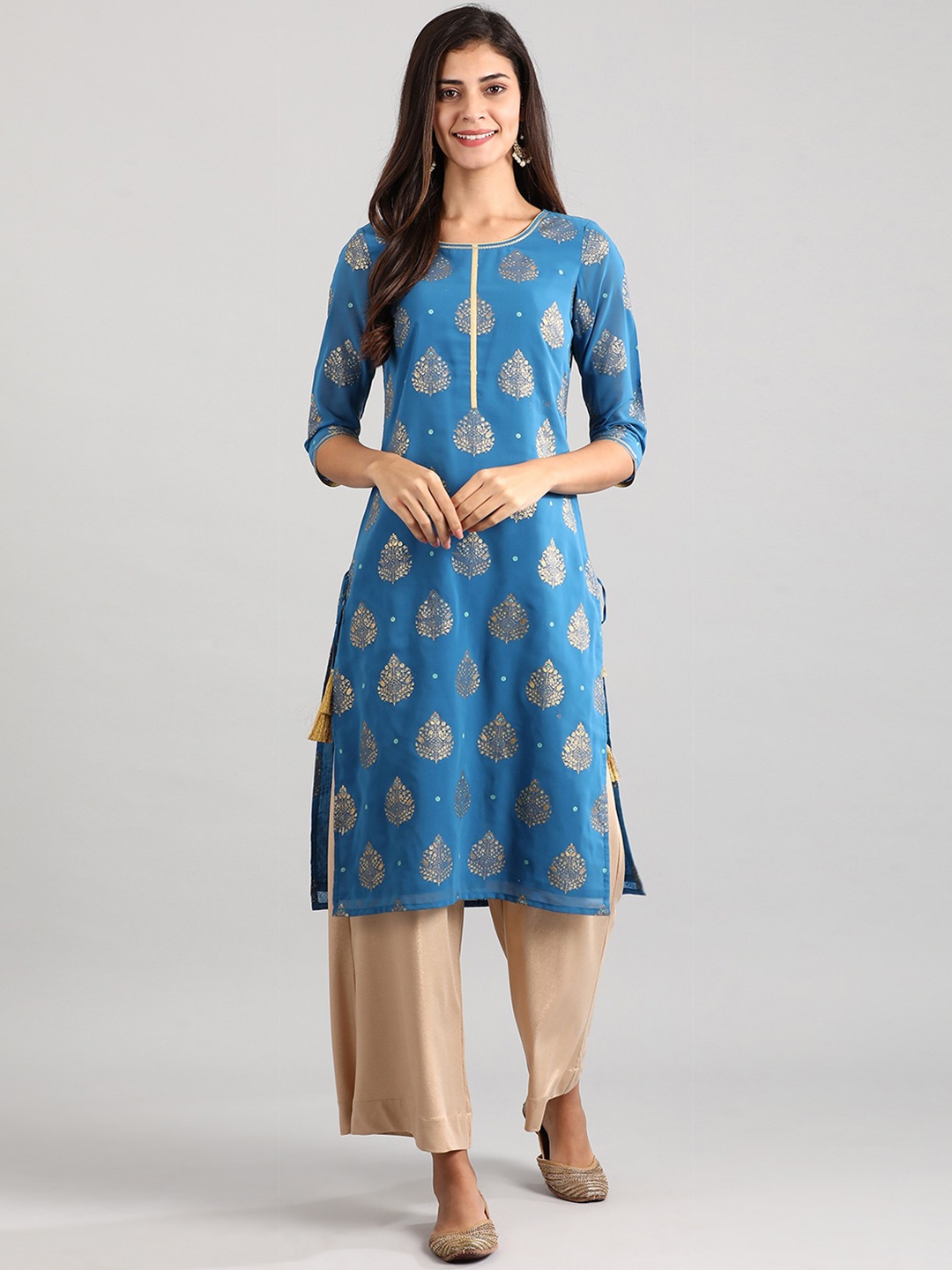 

AURELIA Blue & Gold Floral Printed Kurta