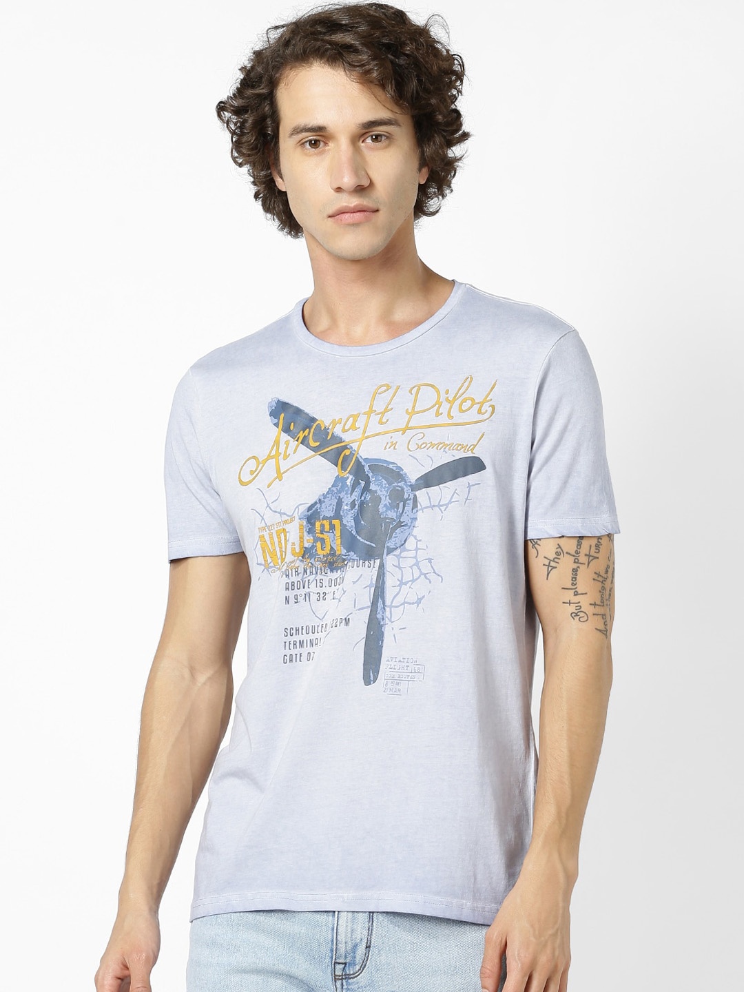

Celio Men Blue Printed Round Neck Cotton Pure Cotton T-shirt