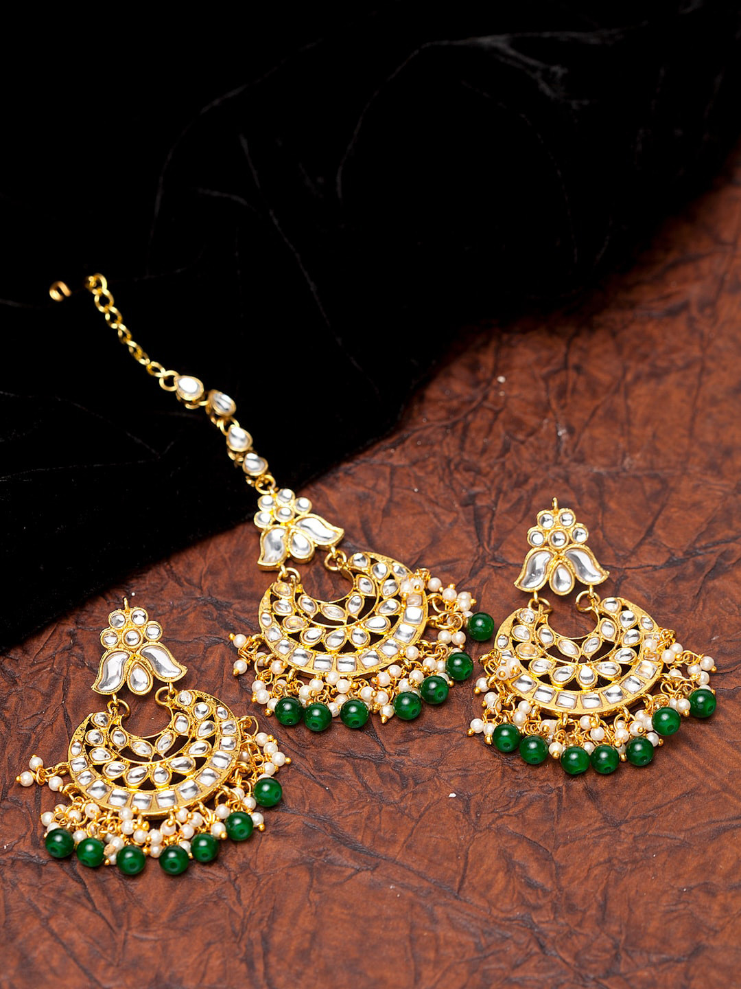 

Shining Diva Gold-Plated White & Green Kundan-Studded & Beaded Antique Jewellery Set