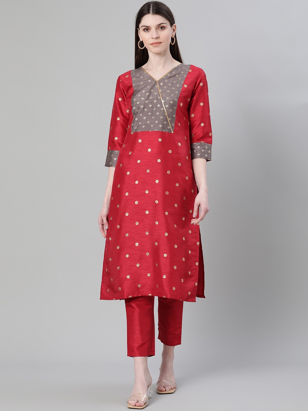 

ZIYAA Women Red & Grey Woven Design Kurta with Trousers