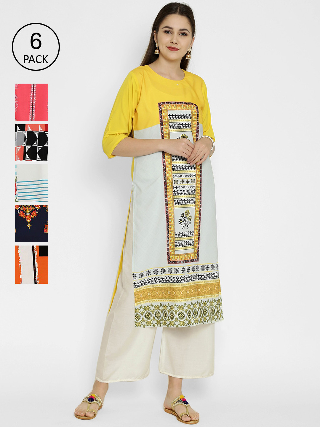 

7Threads Women Multicoloured Printed Crepe Kurta Pack of 6, Multi