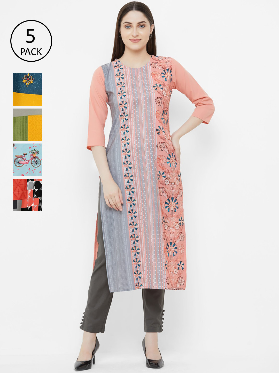 

7Threads Pack of 5 Floral Embroidered Crepe Kurta, Multi