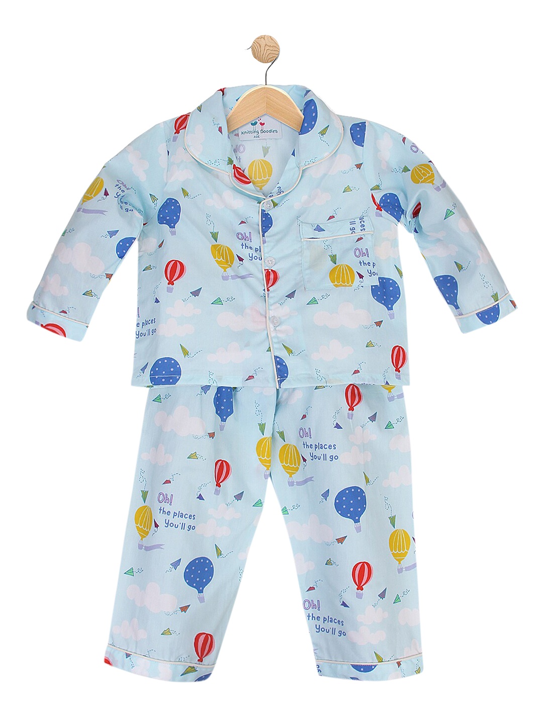 

Knitting Doodles Unisex Kids Blue & Yellow Printed Night Suit