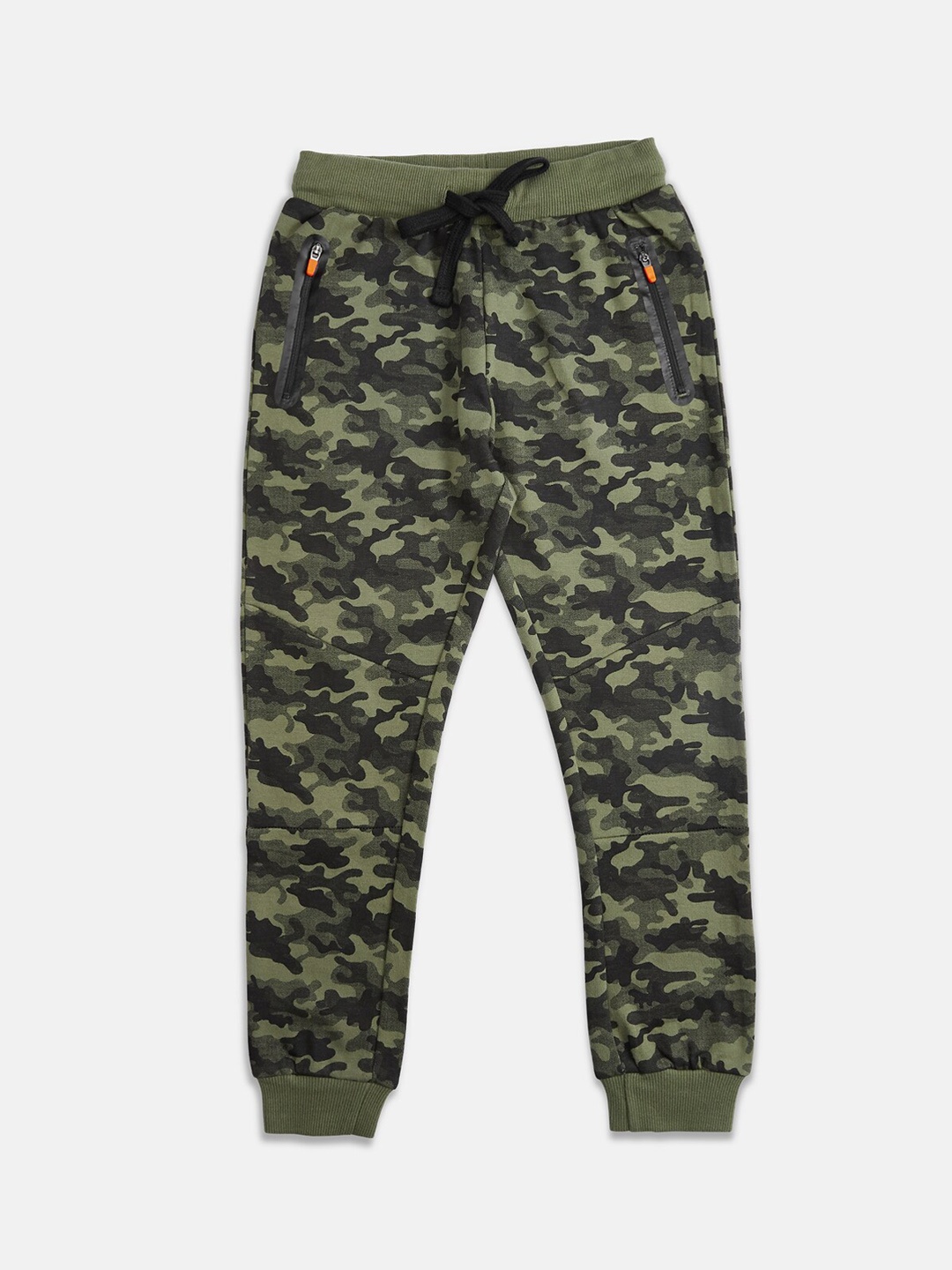 

Pantaloons Junior Boys Olive Green & Black Camouflage Printed Straight-Fit Joggers