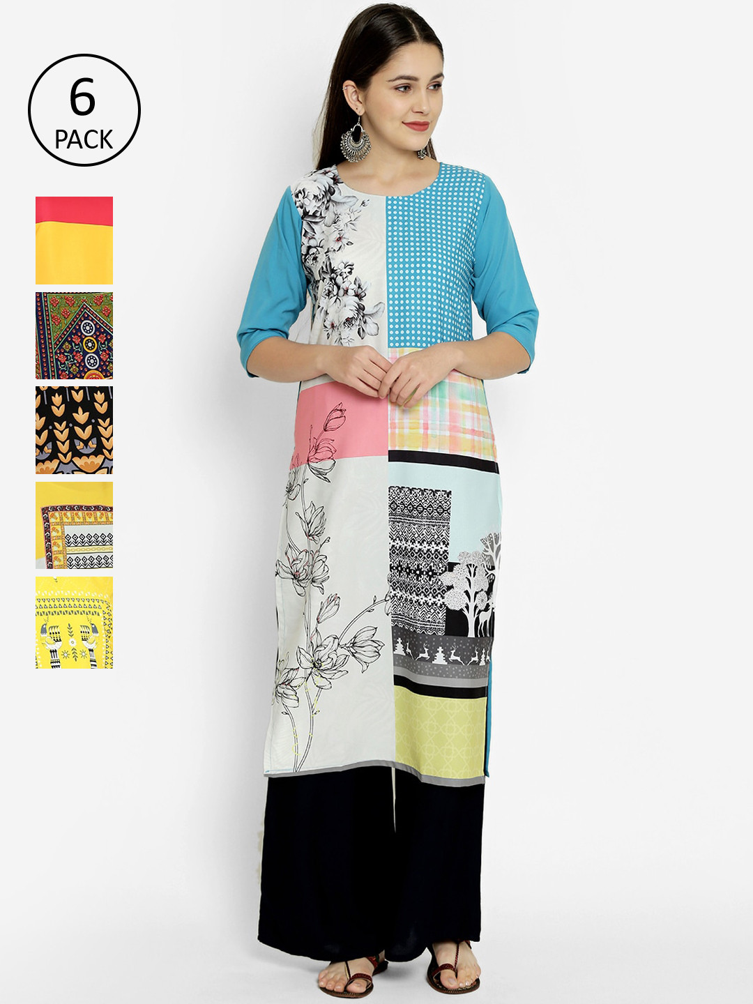 

7Threads Pack of 6 Multicoloured Printed Crepe Kurta, Multi