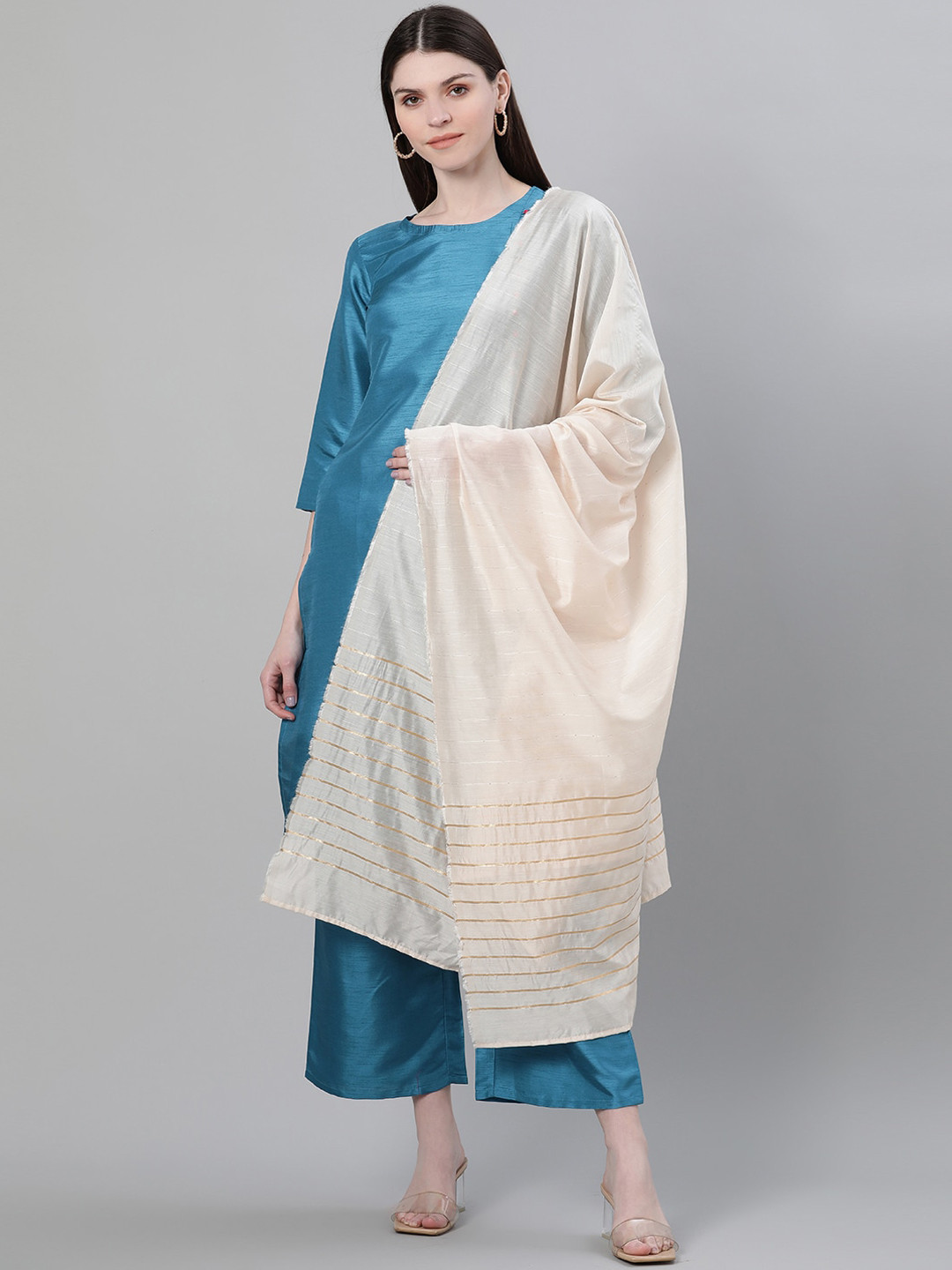 

ZIYAA Women Blue & White Solid Kurta with Palazzos & Dupatta