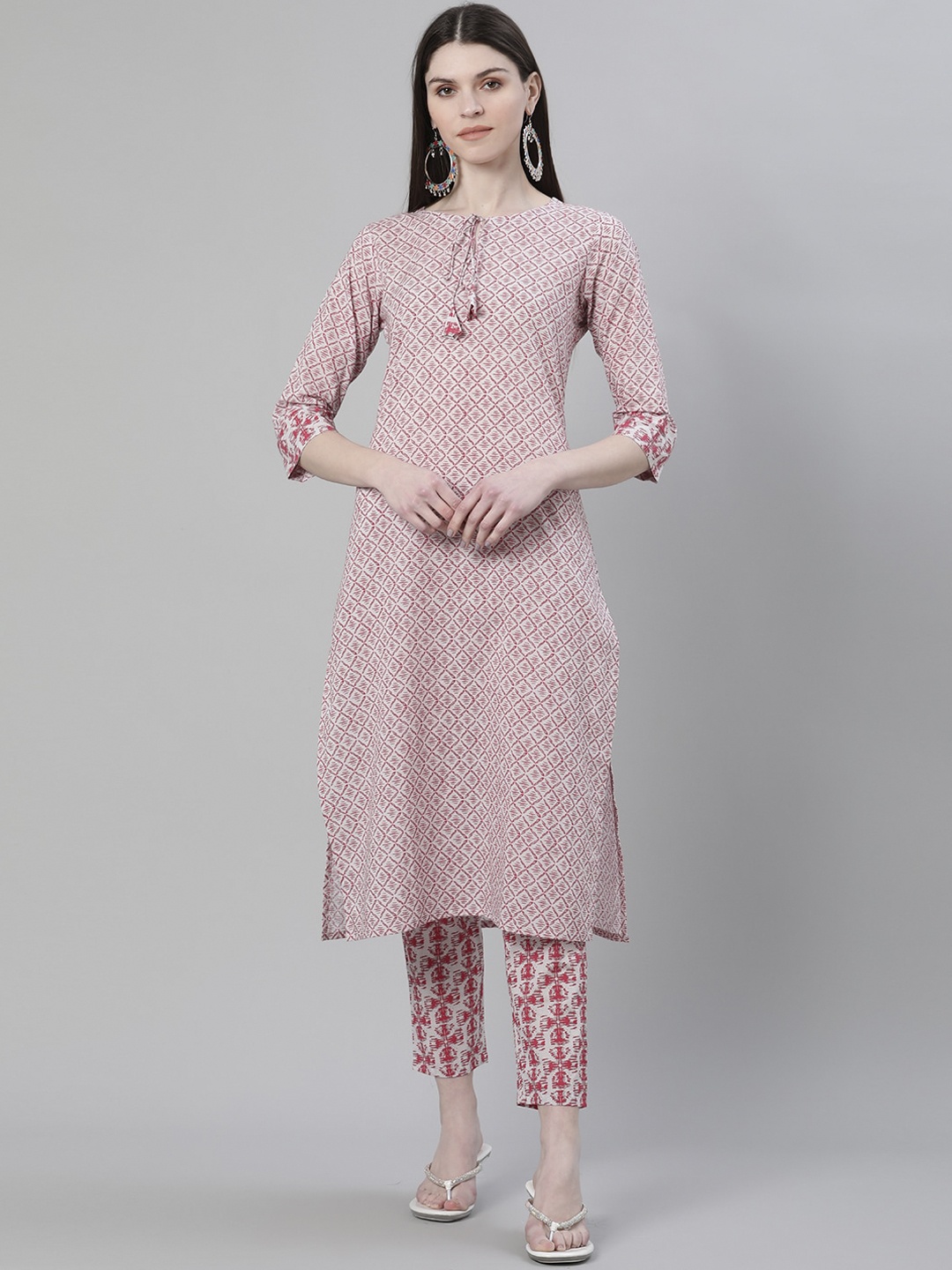 

ZIYAA Women Red & White Printed Keyhole Neck Straight Kurta