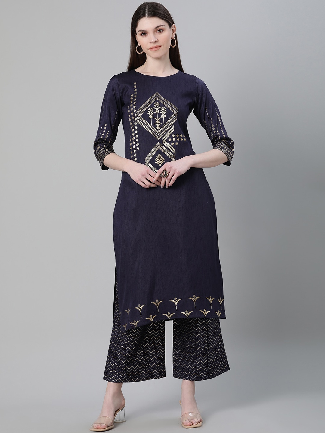 

ZIYAA Navy Blue Ethnic Motifs Foil Printed Kurta